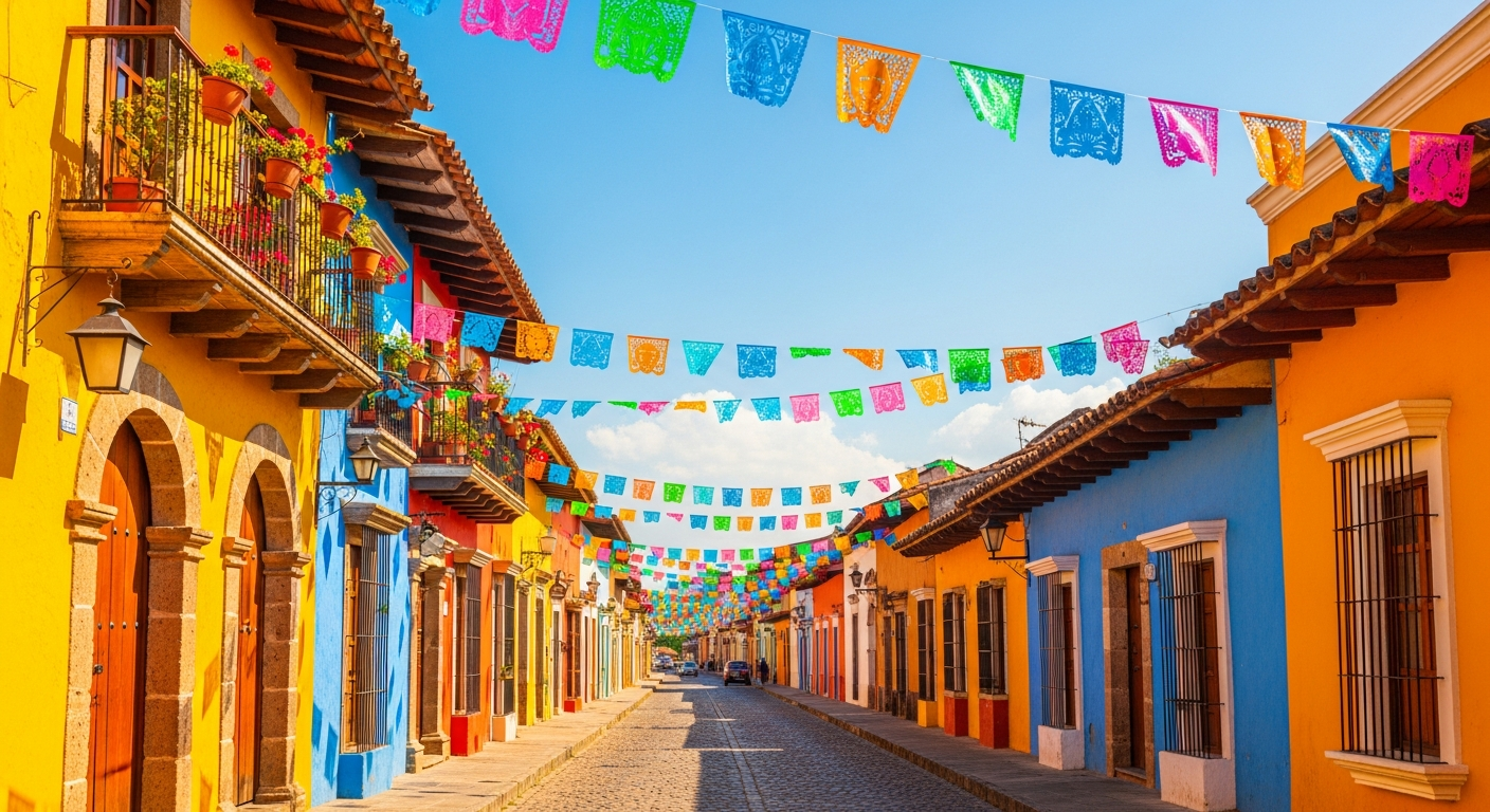 A vibrant cobblestone street bathed in warm golden sunlight, lined with charming colonial-style buildings painted in bright yellows, oranges, and blues. The architecture features traditional arched doorways, wrought iron balconies with flowering plants, and terracotta roof tiles. Colorful papel pica
