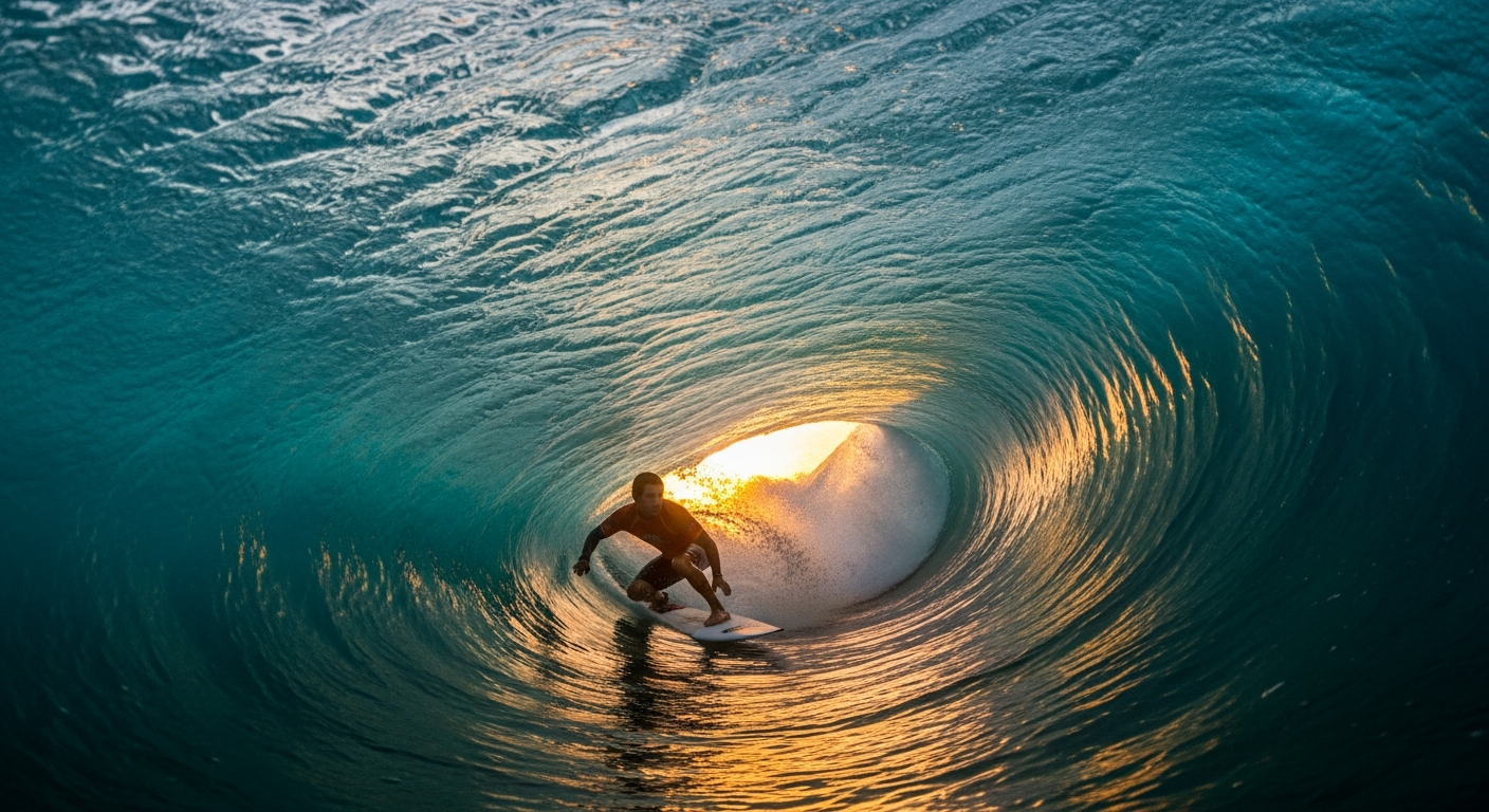 A skilled surfer gracefully riding inside a massive, perfectly formed barrel wave at a renowned Mexican beach break during golden hour. The turquoise water creates a translucent tunnel around the surfer, with warm sunset light filtering through the wave's curl, casting dramatic shadows and highlight