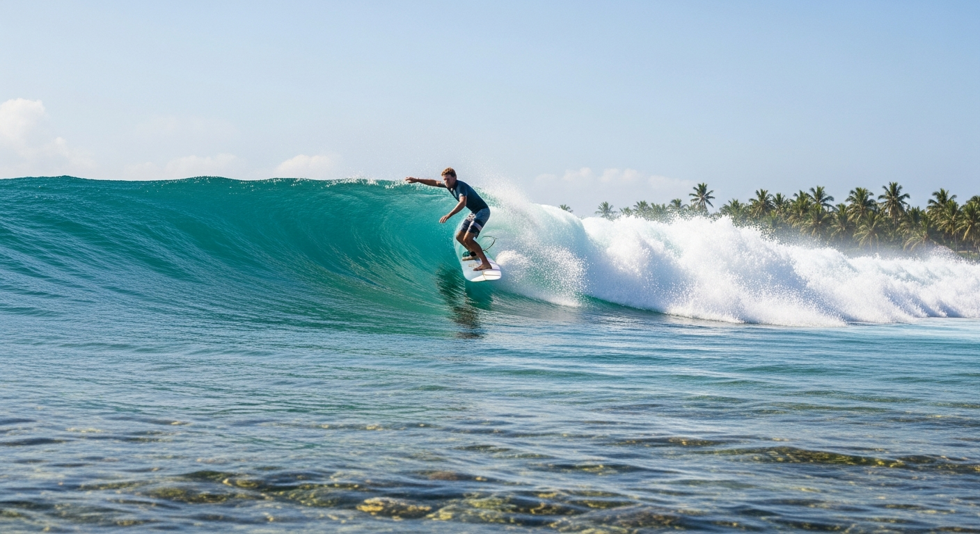 A skilled surfer gracefully cross-stepping on a longboard, riding a pristine, seemingly endless wave at a tropical surf break. The rider demonstrates fluid movement and perfect balance while navigating across the board on the glassy, turquoise wave face. The scene captures the serene beauty of the o