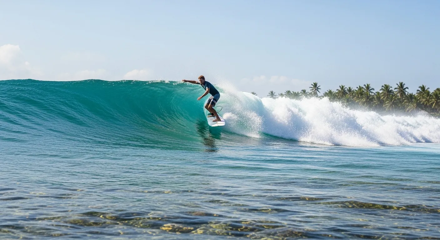 A skilled surfer gracefully cross-stepping on a longboard, riding a pristine, seemingly endless wave at a tropical surf break. The rider demonstrates fluid movement and perfect balance while navigating across the board on the glassy, turquoise wave face. The scene captures the serene beauty of the o