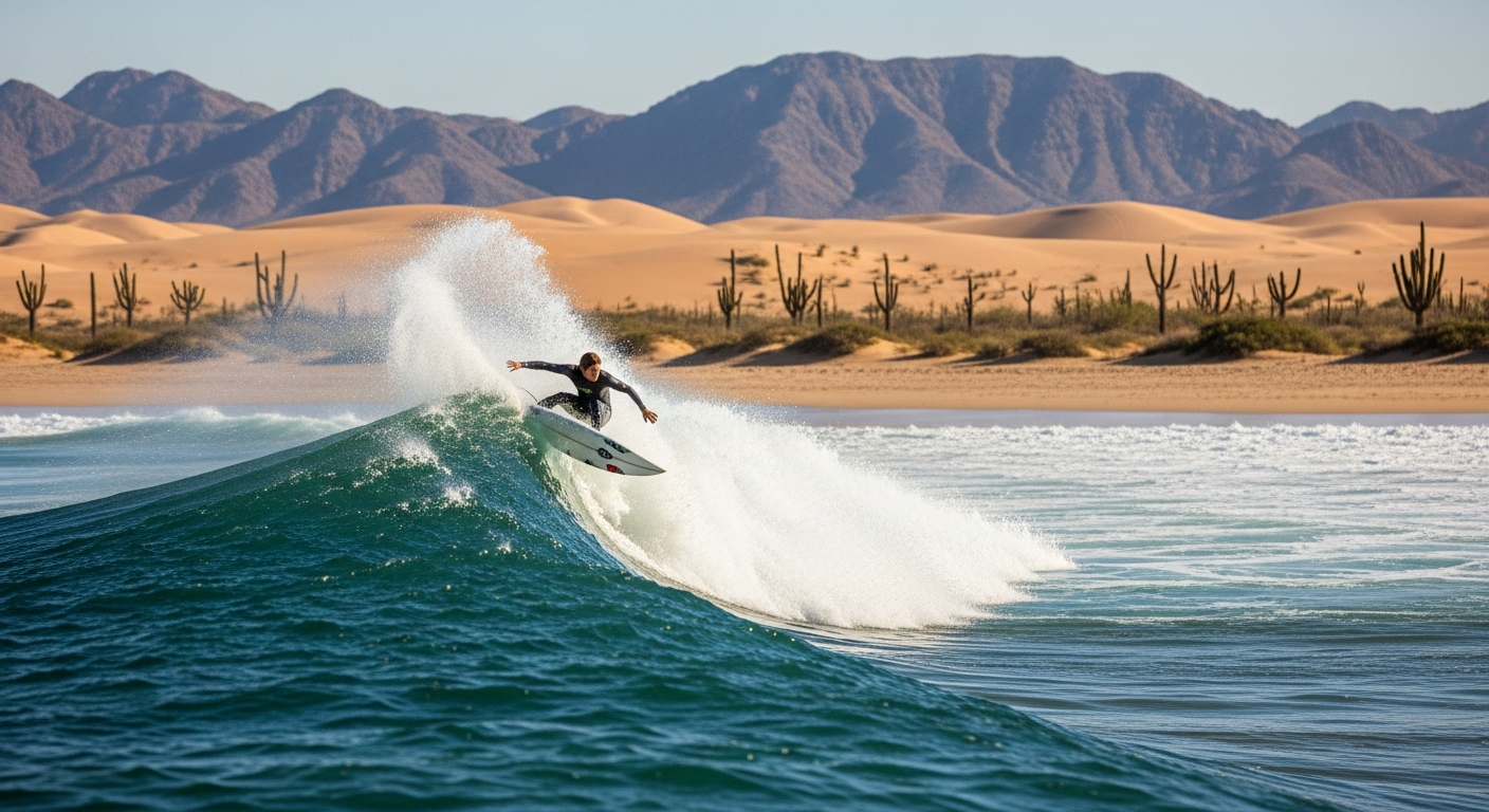 A skilled surfer gracefully carving through a large, curling ocean wave, water spraying dramatically around their board as they navigate the powerful blue-green water. In the background, a stunning desert landscape stretches across the horizon with golden sand dunes, scattered cacti, and rugged rock