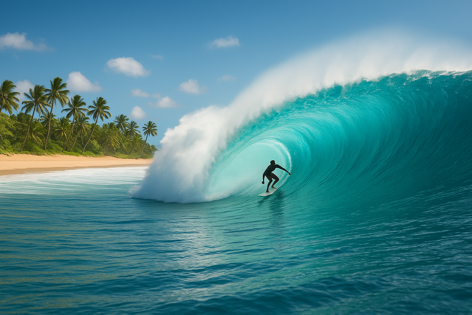 A pristine tropical coastline with a powerful, perfectly formed wave curling from right to left, creating a stunning barrel-shaped tube of turquoise water. A lone surfer glides gracefully along the wave face, positioned in the pocket of the breaking wave against a backdrop of golden sandy beach and