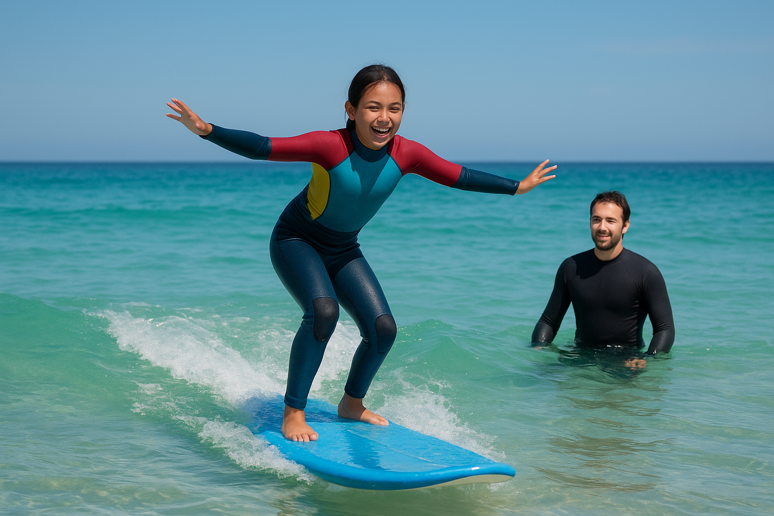 A beginner surfer with a bright smile successfully balancing on their surfboard while riding a small, rolling wave in crystal-clear turquoise water. The person wears a colorful wetsuit and has their arms outstretched for balance, showing pure joy and accomplishment. Nearby, a patient surf instructor