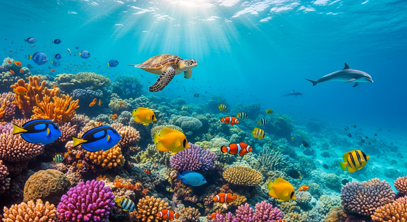 A vibrant underwater coral reef scene with brilliant tropical fish swimming among colorful coral formations in crystal-clear turquoise water. The reef displays a stunning array of orange, pink, purple, and yellow corals creating a natural underwater garden. Schools of bright blue tangs, yellow angel