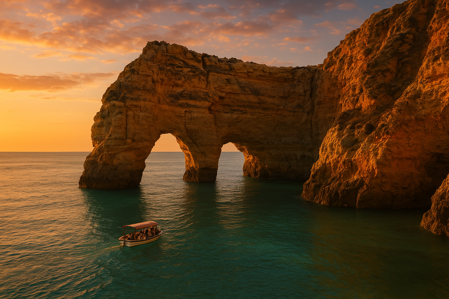 A dramatic natural stone arch formation rising from turquoise ocean waters at golden hour, with warm sunset light illuminating the rocky coastline. A small tourist boat floats peacefully in the calm waters near the magnificent geological landmark, creating gentle ripples on the surface. The scene ca