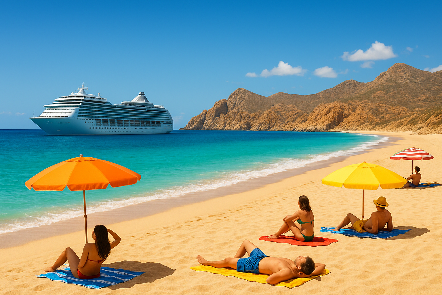 A pristine tropical beach scene with golden sand stretching along turquoise Caribbean waters, featuring a large cruise ship anchored in the distance against a backdrop of dramatic rocky cliffs and desert landscape typical of Mexico's Baja California peninsula. Sun-soaked beachgoers relax on colorful