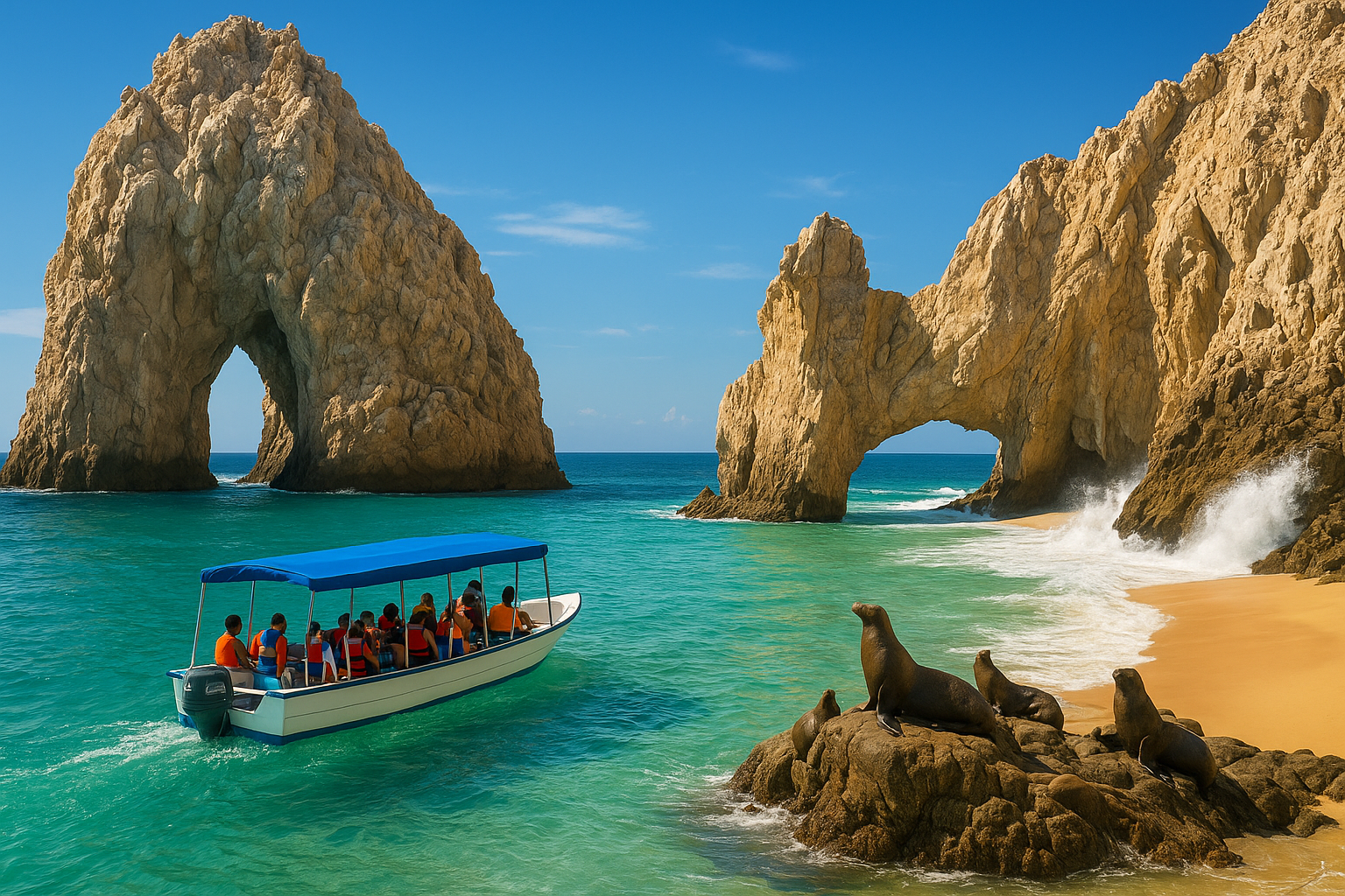 A scenic boat tour in Cabo San Lucas, Mexico, featuring a dramatic natural stone arch rising from turquoise waters with sea lions basking on rocky outcroppings nearby. The boat glides past two contrasting beaches - one with calm, swimmable waters and golden sand, the other with dramatic waves crashi