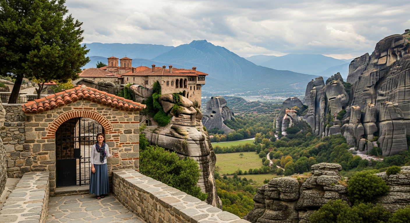 A woman standing at the entrance of an ancient Greek Orthodox monastery perched on towering rock pillars in Meteora, wearing a modest long flowing skirt that covers her knees and a simple blouse with sleeves that covers her shoulders. The dramatic limestone cliffs and Byzantine monasteries rise maje