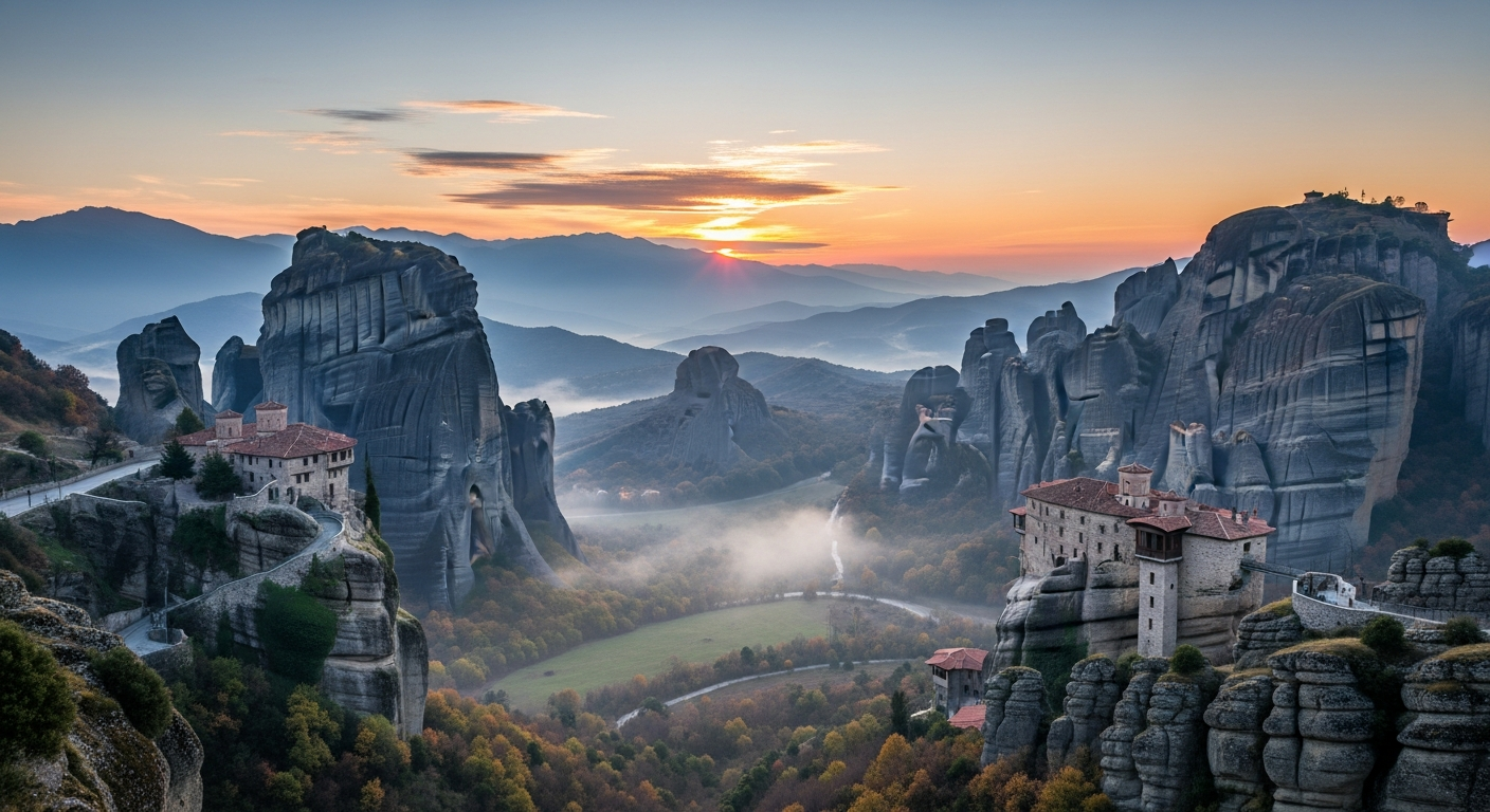 A breathtaking wide panoramic view of ancient stone monasteries dramatically perched atop towering sandstone rock pillars and cliff formations in Greece. The scene captures the golden hour of sunrise, with warm amber and orange light illuminating the weathered rock faces and casting long shadows acr