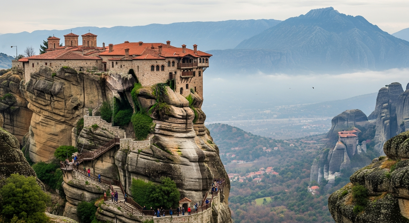 A majestic Byzantine monastery perched dramatically on top of a towering sandstone rock pillar in Meteora, Greece, with ancient stone buildings and red-tiled roofs against a backdrop of misty mountains. Visitors in modest, respectful attire climb wooden stairs and walkways carved into the cliff face