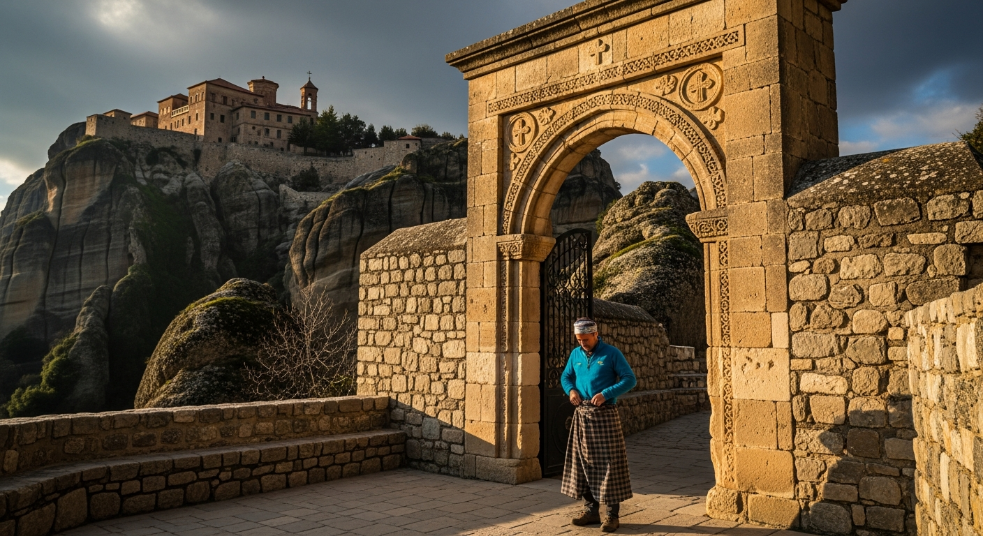 A respectful visitor standing at the entrance of an ancient stone monastery perched dramatically on towering rock formations, carefully tying a traditional wrap-around skirt over their modern clothing as part of the dress code requirements. The scene captures the weathered limestone entrance with or