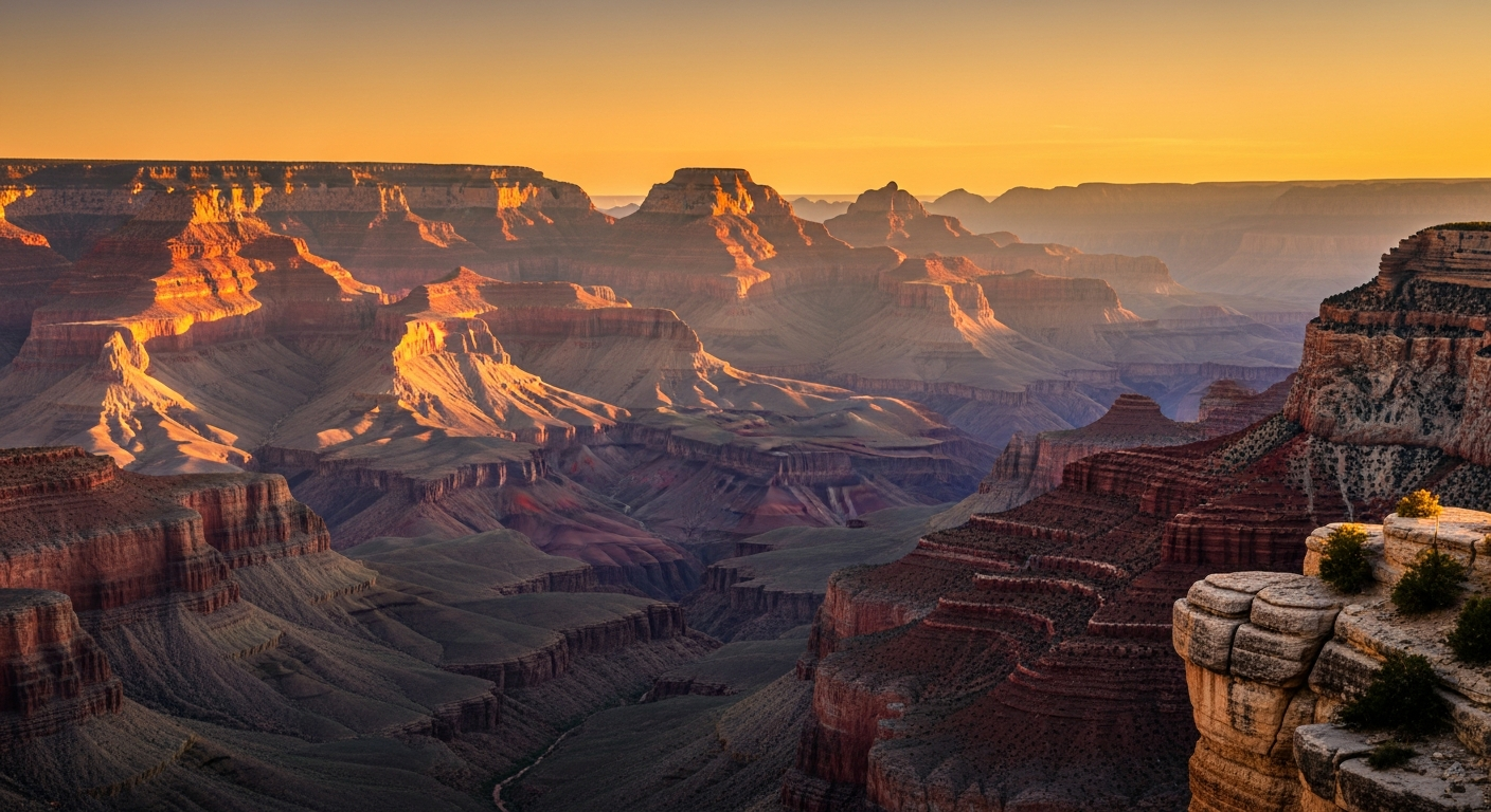 A breathtaking panoramic sunrise view from a prominent viewpoint overlooking the Grand Canyon's South Rim, with golden and orange sunlight dramatically illuminating the layered red rock formations and deep canyon walls. The early morning light creates a spectacular display of warm colors - deep oran