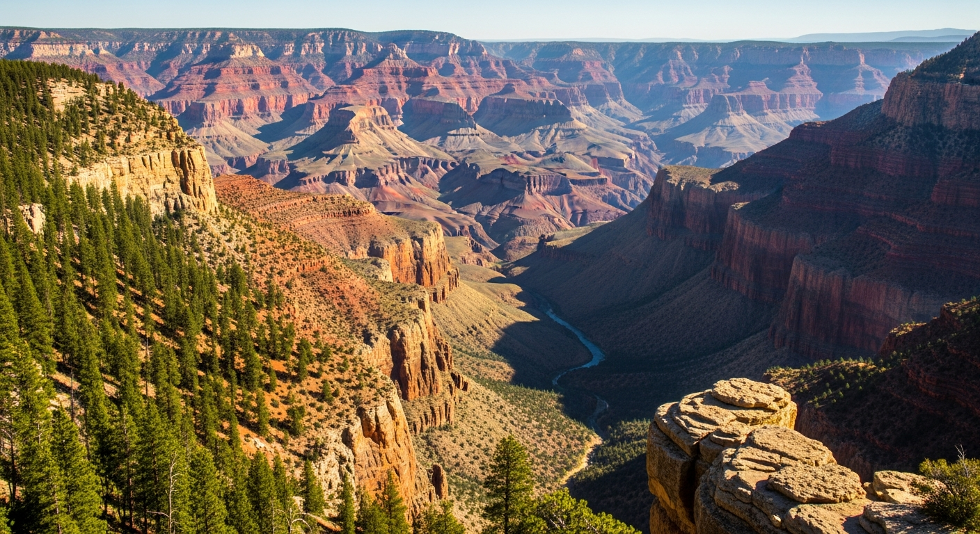 A breathtaking panoramic view from a scenic overlook point showing a vast canyon landscape with layered rock formations in warm earth tones of red, orange, and amber. Dense pine and fir forests create a lush green border along the canyon rim, while deep shadowy ravines and chasms stretch into the di