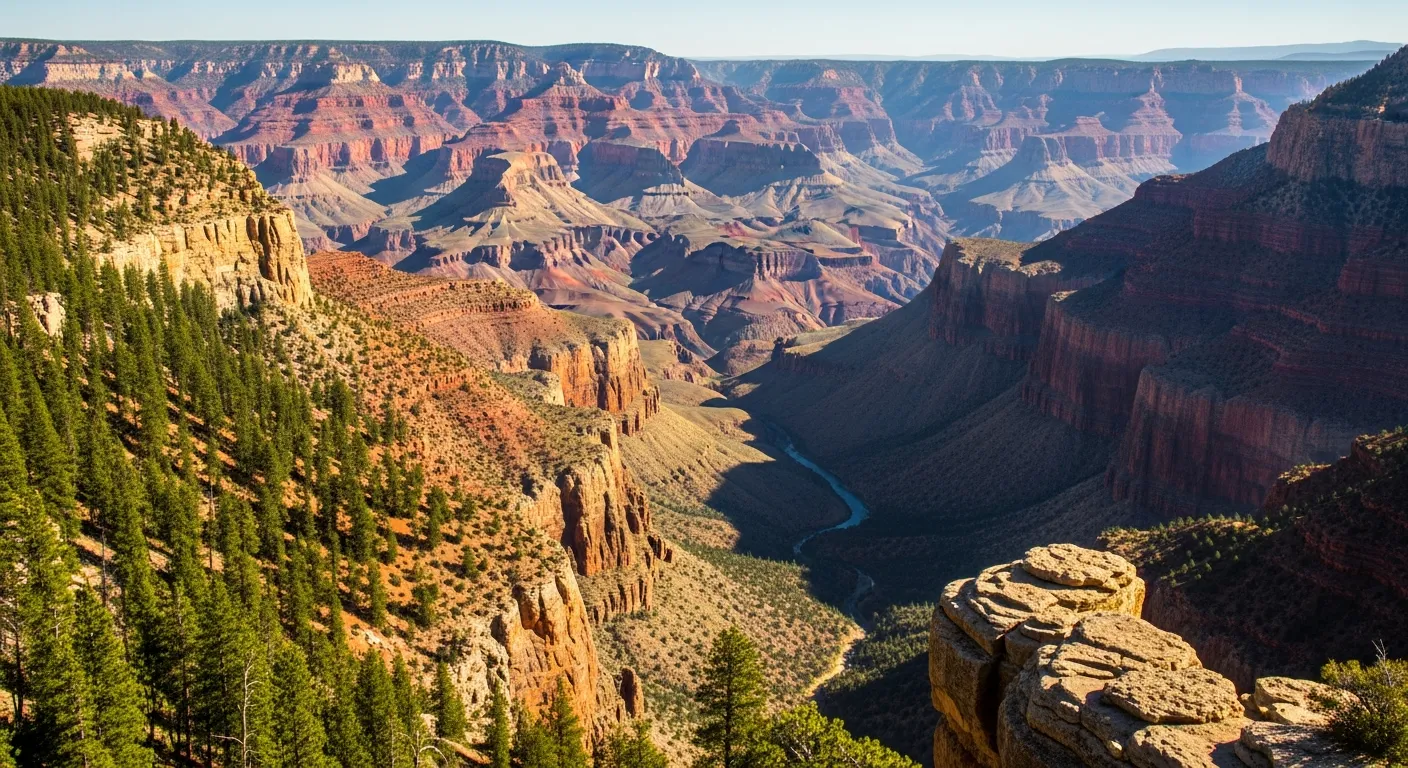 A breathtaking panoramic view from a scenic overlook point showing a vast canyon landscape with layered rock formations in warm earth tones of red, orange, and amber. Dense pine and fir forests create a lush green border along the canyon rim, while deep shadowy ravines and chasms stretch into the di