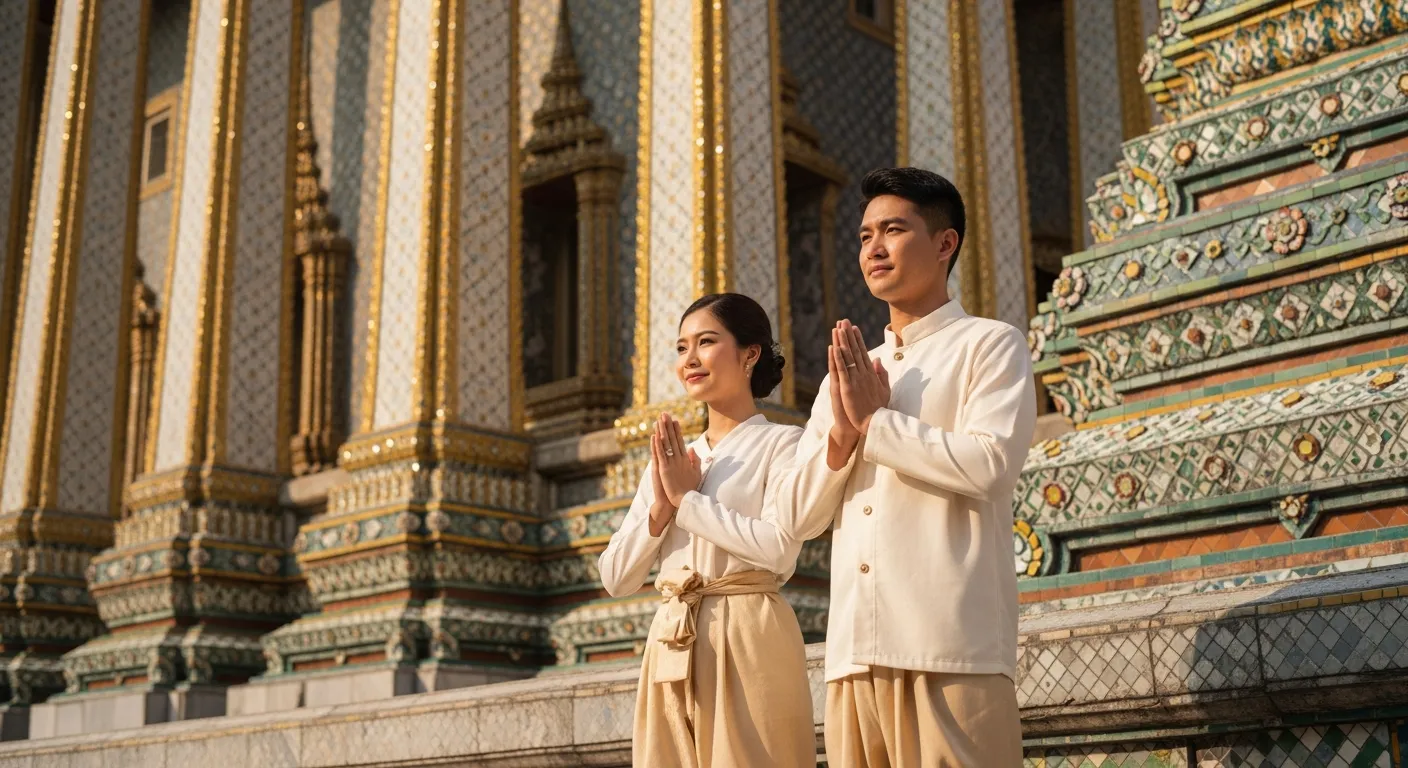 A respectfully dressed couple standing together outside an ornate Thai Buddhist temple, wearing modest clothing with covered shoulders and long pants that reach their knees. The woman wears a flowing blouse and ankle-length skirt in soft earth tones, while the man is dressed in a collared shirt and