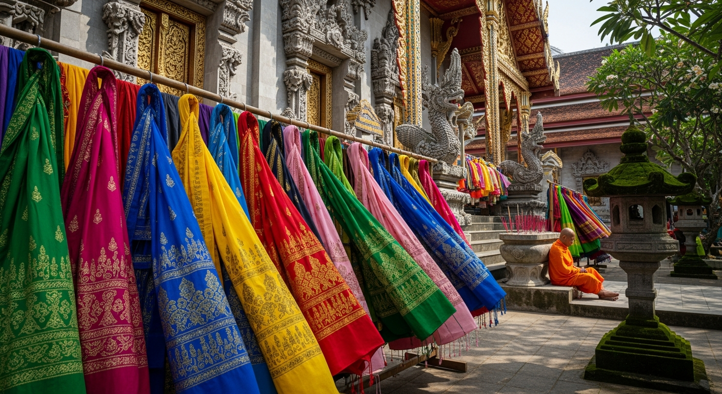 A vibrant display of colorful traditional sarongs and fabric wraps hanging on wooden racks outside an ornate Southeast Asian temple. The fabrics feature intricate patterns in bright blues, reds, yellows, and greens with golden thread details, gently swaying in the tropical breeze. The temple's elabo