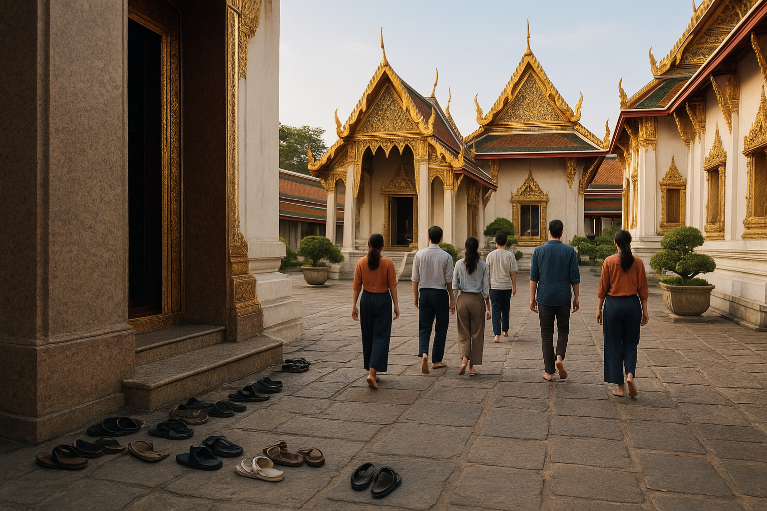 A serene Thai temple courtyard at Wat Pho with visitors dressed respectfully in long pants and shirts covering their shoulders, walking barefoot on ancient stone pathways toward ornate golden temple buildings. In the foreground, pairs of shoes are neatly arranged outside a temple entrance, while peo