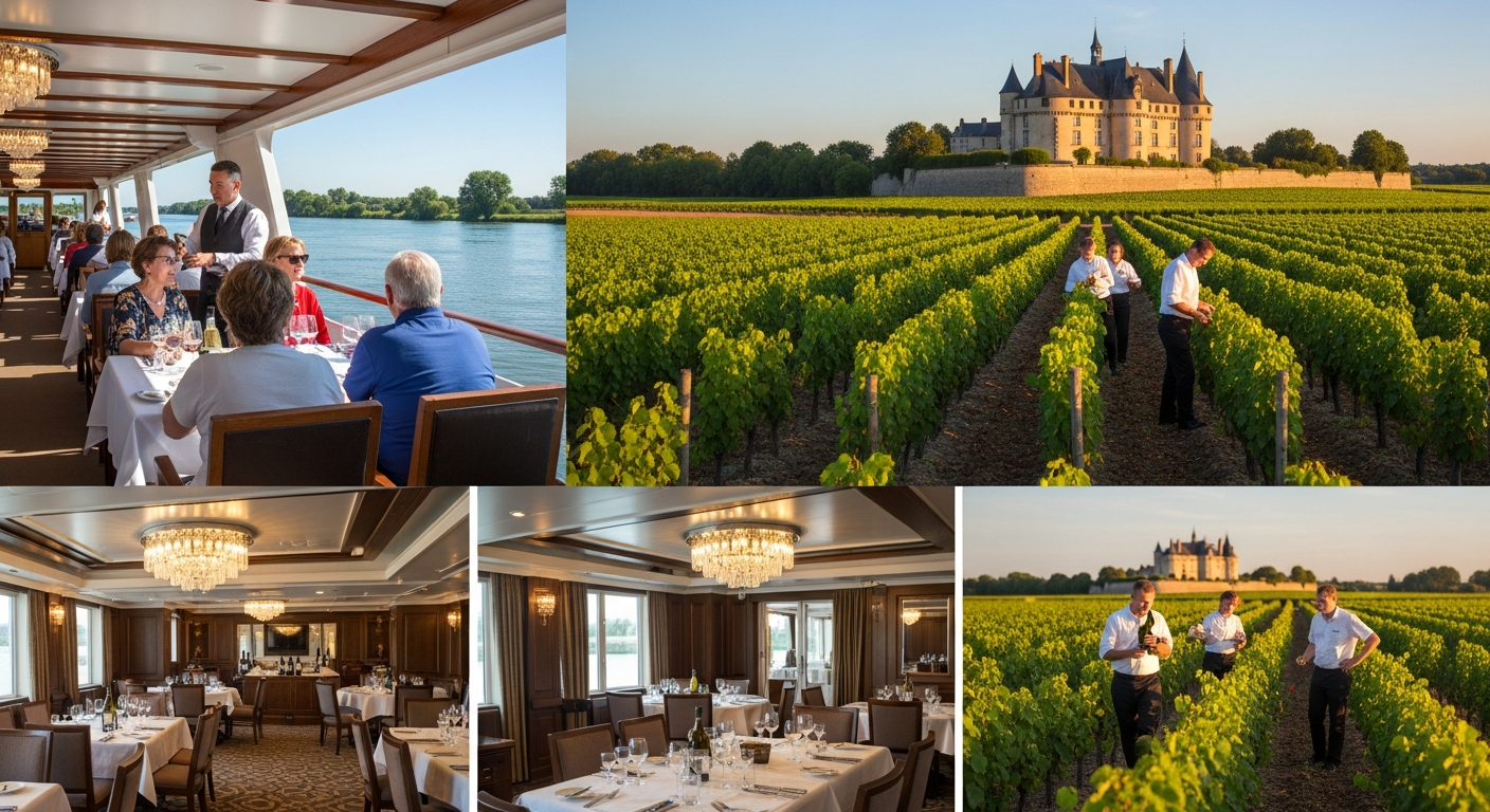 A luxurious river cruise ship glides gracefully along a serene French river, surrounded by rolling hills covered in meticulously maintained vineyard rows with golden autumn grapevines stretching toward the horizon. Elegantly dressed passengers stand on the ship's upper deck, wine glasses in hand, gazing out at the picturesque landscape while sommeliers in crisp white uniforms serve tastings from silver trays. The scene captures the golden hour lighting casting warm amber tones across the terraced vineyards, with a historic château visible in the distance atop a vine-covered hillside. The ship's polished wood railings and pristine white exterior reflect the sophistication of luxury travel, while the surrounding French countryside showcases ancient stone wine cellars built into hillsides and traditional viticulture equipment scattered throughout the vineyard rows. The composition perfectly balances the opulent comfort of the cruise vessel with the authentic, rustic beauty of France's renowned wine-producing regions.