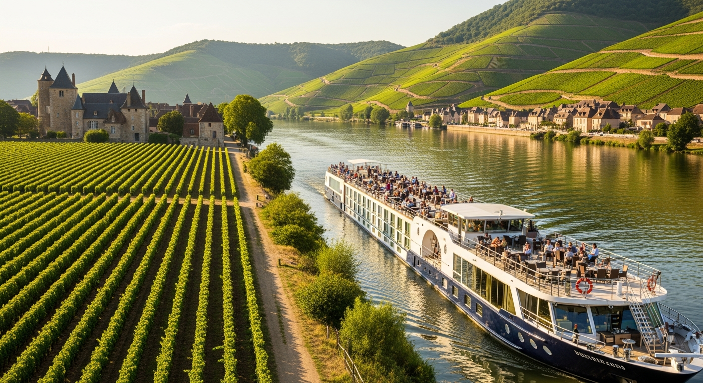 A luxurious river cruise ship glides gracefully along a meandering French river, surrounded by rolling hills covered in perfectly manicured vineyard rows that stretch endlessly toward the horizon. The golden afternoon sunlight bathes the landscape in warm hues, highlighting the geometric patterns of grapevines in various stages of growth across the terraced hillsides. Charming stone châteaux and medieval villages with terracotta rooftops dot the riverbanks, their ancient architecture reflecting in the calm, mirror-like water surface. Passengers on the ship's elegant deck are visible enjoying wine tastings while taking in the panoramic views of the pastoral French countryside. The scene captures the essence of luxury travel through France's historic wine regions, with cypress trees and traditional French architecture creating a timeless, romantic atmosphere along this scenic waterway that has served as a cultural and commercial lifeline for centuries.