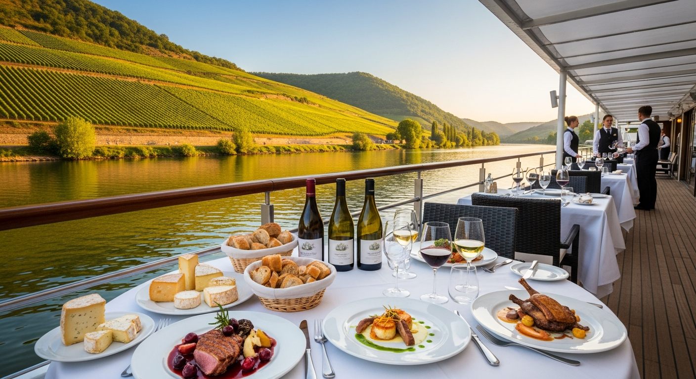 An elegant riverside dinner scene aboard a luxury river cruise ship sailing through France's picturesque vineyard regions, with passengers seated at beautifully set tables on an open-air deck as golden hour sunlight filters through rolling hills covered in neat rows of grapevines. The sophisticated dining setup features fine china, crystal wine glasses filled with rich red and crisp white wines, and expertly plated French cuisine including artisanal cheeses, fresh bread, and gourmet entrees that perfectly complement the various wines being served. In the background, the scenic French countryside unfolds with terraced vineyards climbing gentle slopes, historic châteaux dotting the landscape, and the tranquil river reflecting the warm amber light of sunset. Well-dressed guests are engaged in animated conversation while savoring their carefully paired dishes and wines, with attentive servers in crisp uniforms presenting additional wine selections from the region. The atmosphere captures the essence of refined culinary education and appreciation, with the natural beauty of France's wine country providing a stunning backdrop to this floating gastronomic experience.