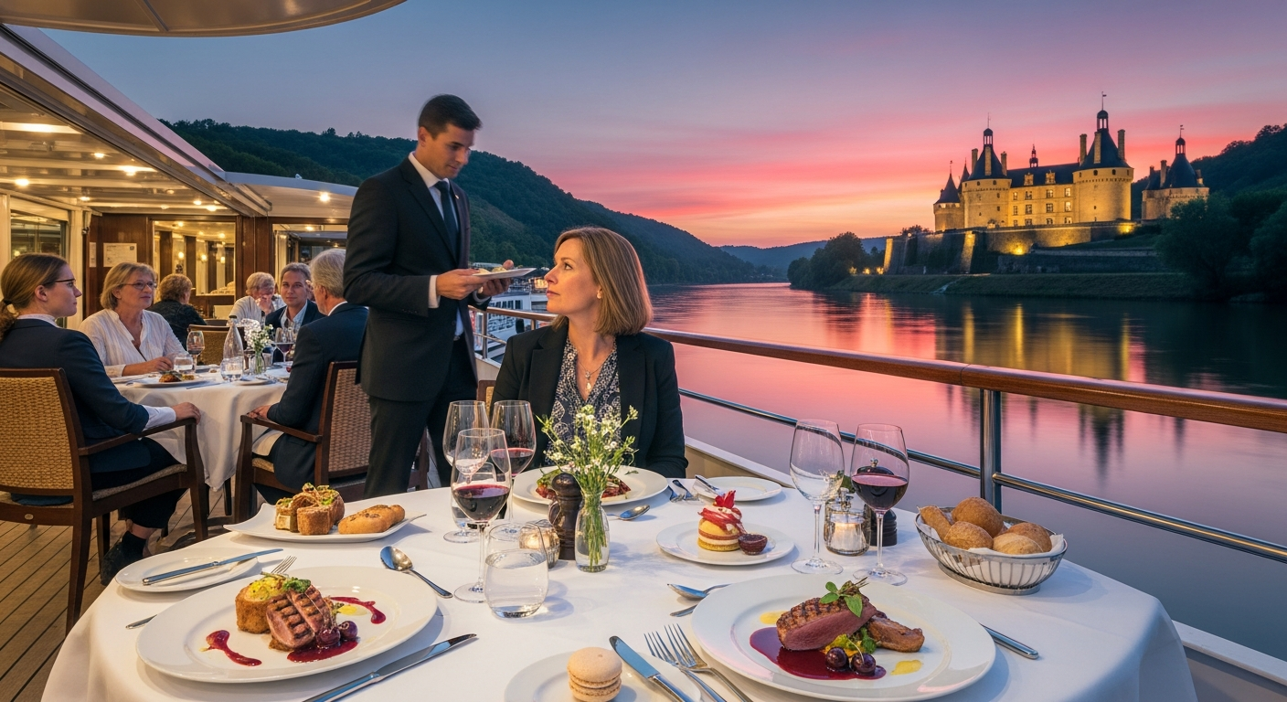 A luxurious river cruise ship glides peacefully along a winding French river surrounded by rolling vineyard-covered hills and ancient châteaux in the golden light of late afternoon. The ship's elegant dining room features floor-to-ceiling windows showcasing the picturesque wine country landscape, with passengers seated at beautifully set tables enjoying gourmet meals prepared by chefs in crisp white uniforms. Fresh local ingredients are artfully arranged on fine china plates - seasonal vegetables, artisanal cheeses, and regional specialties that reflect the terroir of the French countryside. The scene captures the sophisticated ambiance of onboard dining, with warm candlelight illuminating the faces of guests as they savor their culinary experience while the scenic Burgundy or Bordeaux wine regions drift past outside. Crystal wine glasses catch the soft light as passengers toast their journey, with the ship's refined interior design featuring rich wood paneling and elegant furnishings that complement the pastoral beauty visible through the panoramic windows.