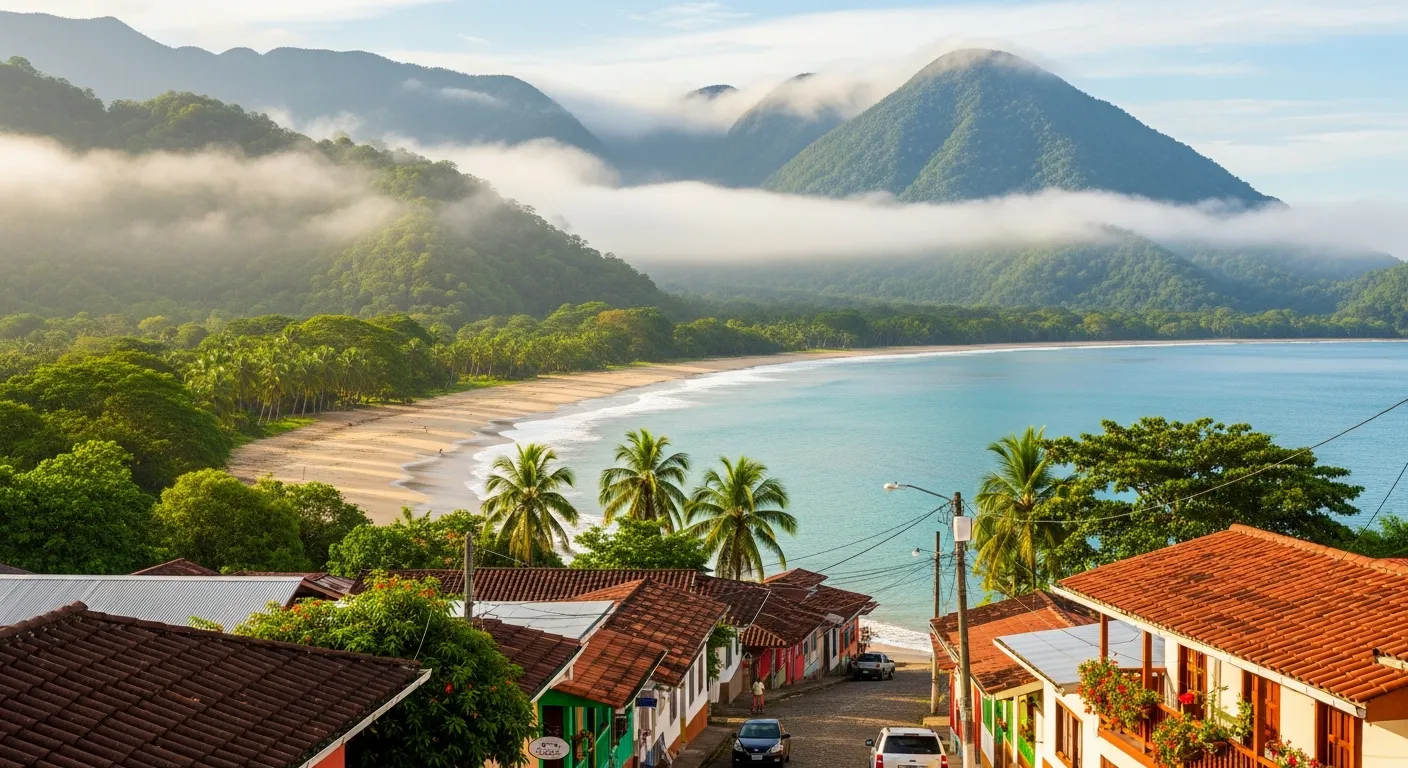 a secluded pristine beach with powdery white sand and crystal-clear turquoise waters lapping gently at the shore, framed by lush tropical vegetation and coconut palms swaying in the breeze, completely devoid of tourists or development. Adjacent to this, dramatic misty mountains rise majestically into cloud-covered peaks, their slopes densely covered in emerald green rainforest canopy, with morning fog rolling through the valleys creating an ethereal, mystical atmosphere. In the foreground, a charming authentic Costa Rican town nestles into the landscape, featuring colorful traditional houses with terracotta roofs, cobblestone streets winding between buildings, local residents going about their daily lives, vibrant tropical flowers adorning windowsills and doorways, and the complete absence of modern tour buses or commercial tourism infrastructure. The lighting captures the golden hour glow, with warm sunlight filtering through the mist and casting long shadows across the peaceful, undiscovered scenery, emphasizing the remote and serene nature of these off-the-beaten-path locations where nature and traditional culture remain beautifully preserved and authentic.