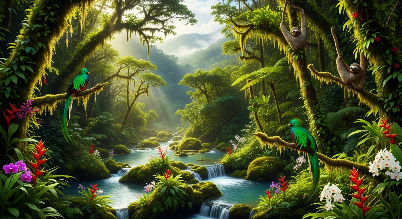 A pristine, untouched corner of Costa Rica where lush tropical nature reigns supreme, showcasing a hidden paradise far from tourist crowds. Dense emerald rainforest canopy stretches endlessly across rolling hills, with ancient trees draped in hanging moss and vibrant epiphytes creating layers of verdant green. A crystalline stream cascades over moss-covered rocks, creating small waterfalls that pool into turquoise natural basins surrounded by giant ferns and heliconia flowers with brilliant red and orange bracts. Shafts of golden sunlight pierce through the thick canopy, illuminating patches of the forest floor where exotic orchids bloom in purple and white. A resplendent quetzal bird with iridescent emerald plumage and long tail feathers perches on a branch, while a three-toed sloth hangs motionless from a cecropia tree. The scene captures the raw, untamed beauty of Costa Rica's wilderness, with layers of biodiversity visible from the forest floor to the canopy, morning mist clinging to the valleys below, and distant volcanic peaks barely visible through the atmospheric haze, embodying the pure dominance of nature in this secluded tropical sanctuary.