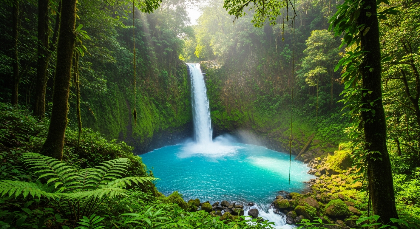A breathtaking hidden waterfall scene in the misty cloud forests of Costa Rica's remote highlands, where a powerful cascade plunges into a brilliant turquoise-blue pool surrounded by lush volcanic rock formations. The waterfall drops dramatically from moss-covered cliffs into a circular basin, its waters displaying an otherworldly cyan-blue color created by mineral deposits and volcanic minerals in the surrounding terrain. Dense, pristine rainforest vegetation frames the scene with vibrant green ferns, hanging vines, and ancient trees creating a natural amphitheater around the falls. Mist rises from where the water crashes into the pool below, creating an ethereal atmosphere with rays of filtered sunlight piercing through the canopy above, illuminating the spray and creating subtle rainbows in the humid air. The volcanic rock walls are textured with layers of moss, lichen, and tropical plants clinging to every crevice, while the surrounding forest displays multiple shades of green from emerald to deep jade. The composition captures the raw, untouched beauty of this secluded natural wonder, emphasizing the striking contrast between the electric blue water and the rich green jungle, with the powerful waterfall as the dramatic centerpiece of this hidden paradise.