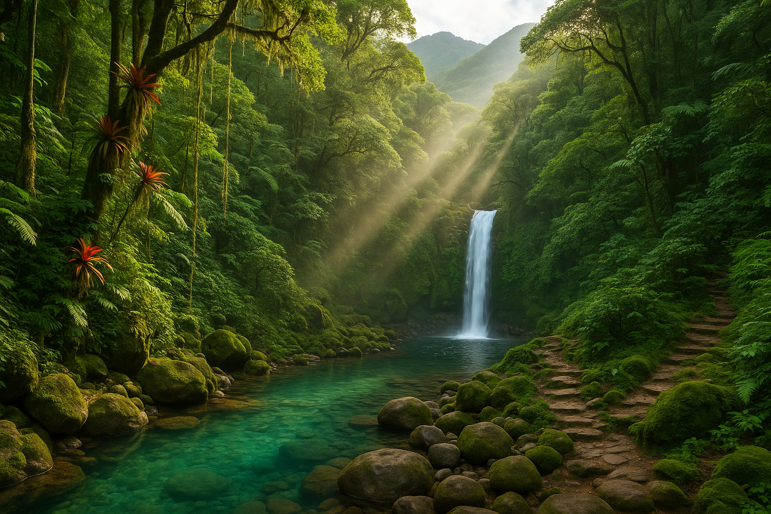 A serene Costa Rican mountain landscape showcasing a hidden waterfall cascading through lush tropical rainforest, with emerald green vegetation creating a thick canopy overhead and vibrant bromeliads clinging to ancient trees. In the foreground, a natural swimming hole with crystal-clear turquoise water reflects the surrounding jungle, while smooth volcanic rocks frame the pool's edges. Shafts of golden sunlight pierce through the dense foliage, creating dramatic light beams that illuminate the mist rising from the waterfall. A winding trail made of weathered stones disappears into the verdant undergrowth, suggesting adventure and exploration in this untouched wilderness. The scene captures the tranquil, cooling atmosphere of Costa Rica's inland treasures, presenting a peaceful alternative to coastal environments with moss-covered boulders, hanging vines, and the rich biodiversity of a pristine cloud forest ecosystem. The composition emphasizes the refreshing, secluded nature of this hidden gem, with the water's surface perfectly still except for gentle ripples where the waterfall meets the pool.