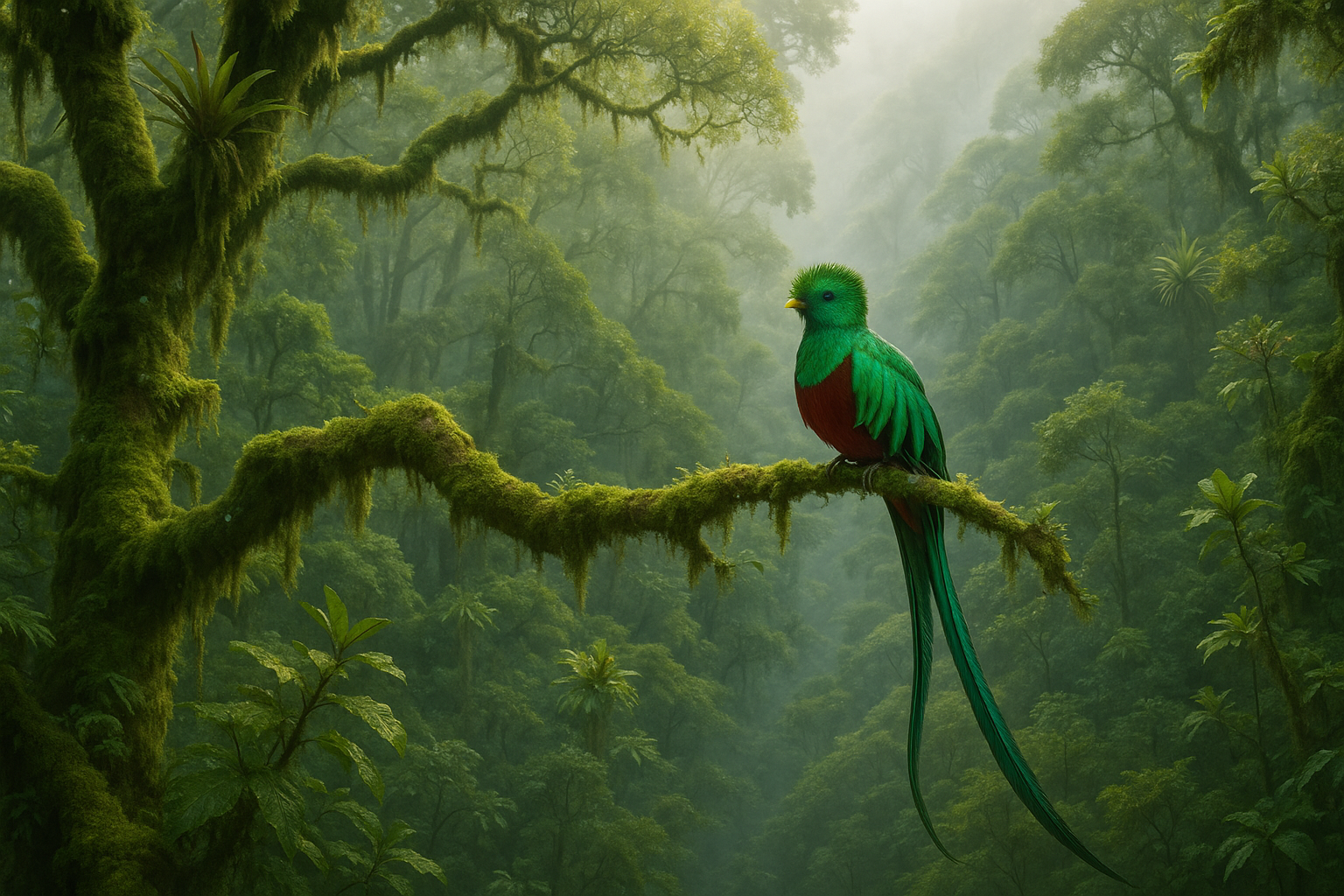 A breathtaking misty cloud forest scene in the highlands of Costa Rica's Talamanca Mountains, where emerald green vegetation drapes over ancient oak trees in the early morning light. The focal point features a magnificent resplendent quetzal, its iridescent emerald-green plumage shimmering against the soft, diffused sunlight filtering through the canopy, with its distinctive long, flowing tail feathers cascading elegantly from a moss-covered branch. The bird's crimson breast creates a striking contrast against the lush greenery, while its crested head turns gracefully as if surveying its pristine mountain habitat. The background reveals layers of dense tropical montane forest disappearing into atmospheric mist, with epiphytes, bromeliads, and wild avocado trees creating a rich tapestry of textures and shades of green. Dappled light creates a magical, ethereal quality throughout the scene, with water droplets glistening on leaves and delicate wisps of fog weaving between the trees, capturing the remote, untouched beauty of this hidden gem sanctuary where nature enthusiasts journey to witness one of Central America's most spectacular and elusive birds in its natural habitat.