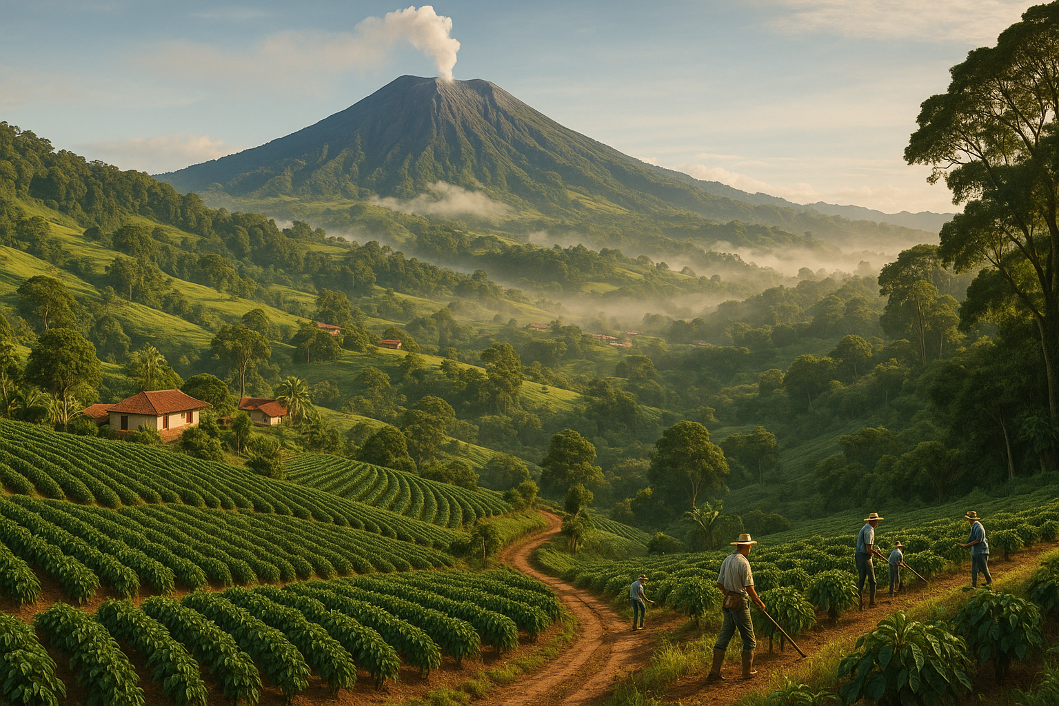 A breathtaking panoramic view of Turrialba's authentic Costa Rican countryside, showcasing the region's volcanic heartland with the majestic Turrialba Volcano rising in the background, its slopes covered in lush tropical vegetation and occasional wisps of volcanic steam. The foreground features rolling hills blanketed in vibrant green coffee plantations with their characteristic neat rows of coffee bushes, interspersed with traditional Costa Rican farmhouses with terracotta roofs nestled among the verdant landscape. A winding dirt road cuts through the agricultural terrain, leading toward small rural communities where local farmers can be seen tending to their crops, wearing traditional work clothes and wide-brimmed hats for sun protection. The scene captures the raw, untouched beauty of this lesser-known region, with morning mist clinging to the valleys between the hills, creating an ethereal atmosphere that highlights the area's authentic, off-the-beaten-path character. Dense tropical rainforest borders the cultivated areas, with towering trees creating a natural frame, while the golden light of either early morning or late afternoon bathes the entire landscape in warm, honey-colored tones that emphasize the region's rustic charm and agricultural heritage.