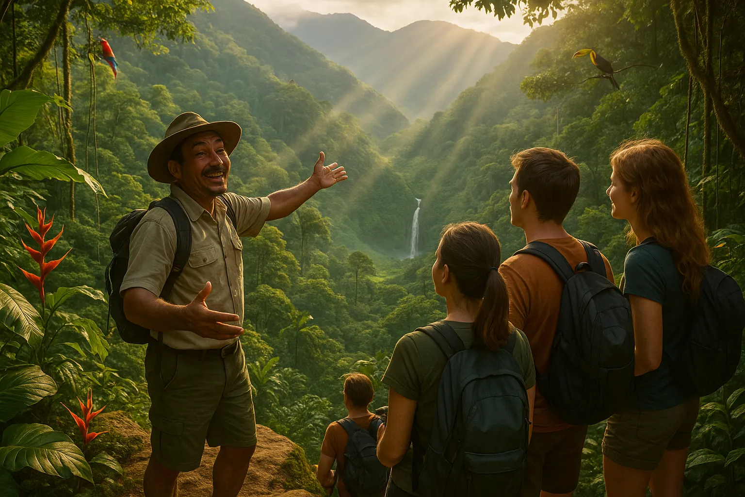 A warm, candid scene in Costa Rica's lush tropical rainforest showing a friendly local Costa Rican guide, dressed in practical hiking attire with a wide-brimmed hat, gesturing enthusiastically toward a breathtaking hidden viewpoint overlooking pristine emerald-green valleys and misty mountain peaks. The guide stands on a natural rock outcrop surrounded by vibrant tropical vegetation including giant philodendron leaves, colorful heliconias, and hanging vines, while a small group of travelers with backpacks and cameras gather around, their faces showing wonder and appreciation as they take in the spectacular panoramic vista. Golden afternoon sunlight filters through the dense canopy above, creating dramatic rays of light that illuminate the scene with a magical quality. In the distant background, a secret waterfall cascades down moss-covered cliffs, and exotic birds like toucans or scarlet macaques can be spotted in the trees. The composition emphasizes the authentic connection between the knowledgeable local guide and visitors, capturing the essence of discovering Costa Rica's hidden treasures through community-based tourism, with the guide's animated expression and welcoming body language conveying genuine passion for sharing their homeland's secret natural wonders.