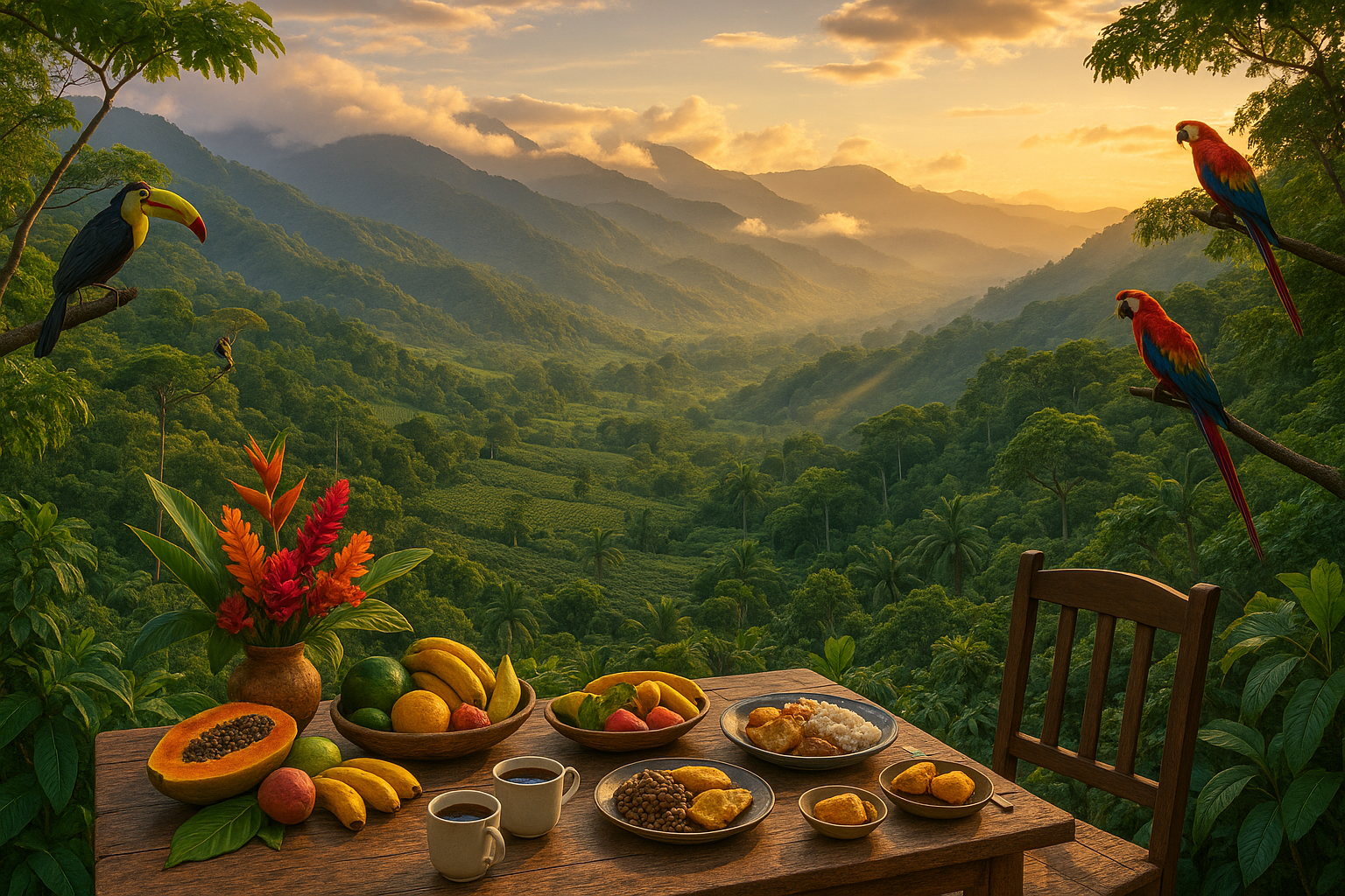 A breathtaking panoramic view of a lush Costa Rican valley during golden hour, where verdant tropical mountains cascade into a fertile basin filled with emerald coffee plantations and dense rainforest canopy. In the foreground, an intimate outdoor dining setup features a rustic wooden table adorned with fresh tropical fruits, traditional Costa Rican cuisine, and vibrant local flowers, positioned on a terrace or hillside overlook. The dramatic landscape unfolds behind the dining scene, showcasing layers of misty mountains in varying shades of blue and green, with wisps of clouds clinging to the peaks. Sunlight filters through the valley, creating dramatic rays that illuminate patches of the forest below, while colorful toucans and macaws can be seen perched in nearby trees. The composition captures the essence of a hidden, undiscovered paradise where nature's magnificence creates the perfect ambiance for a relaxed, leisurely meal, with the valley's natural beauty serving as an awe-inspiring backdrop that stretches toward the distant horizon.