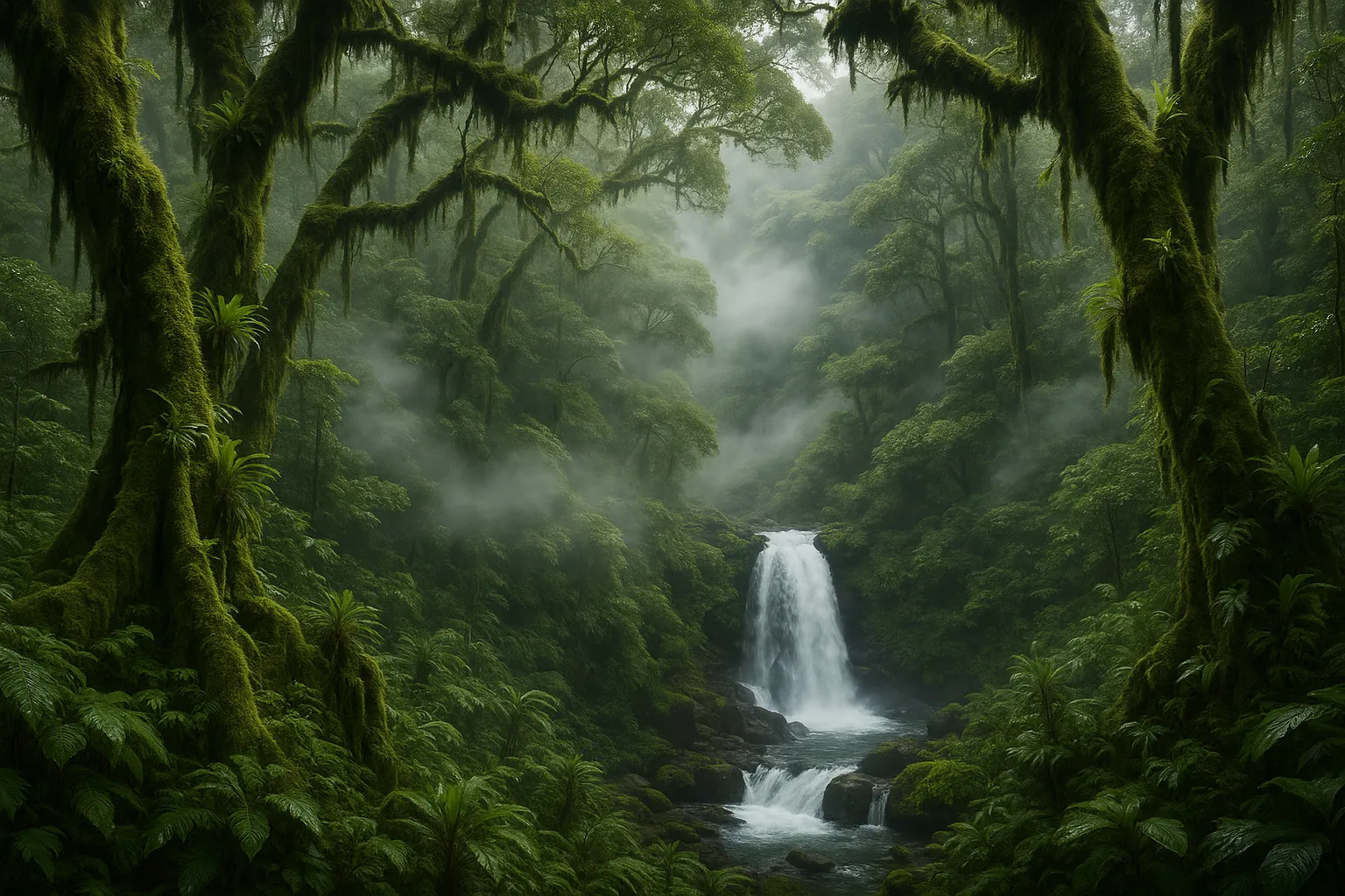 A breathtaking photorealistic high-resolution photograph of the Bajos del Toro Cloud Forest in Costa Rica, captured with professional DSLR camera quality showcasing this hidden gem's ethereal beauty. The scene features a pristine cloud forest landscape with towering ancient trees draped in emerald-green moss and delicate epiphytes, their gnarled trunks and branches creating natural archways through the misty atmosphere. Wispy clouds drift between the dense canopy at eye level, creating a mystical veil that partially obscures the lush vegetation while allowing dappled natural lighting to filter through, illuminating the vibrant green ferns, bromeliads, and tropical plants carpeting the forest floor. A crystalline waterfall cascades over volcanic rock formations in the middle distance, its white water creating a striking contrast against the deep greens and browns of the surrounding jungle, with realistic water motion captured in sharp focus. The composition employs cinematic lighting with soft, diffused rays penetrating the cloud cover, creating dramatic depth of field that highlights the layered vegetation from foreground to background. Professional photography techniques capture the intricate textures of wet bark, glossy leaves covered in morning dew, and the delicate patterns of hanging vines, all rendered in lifelike detail with natural color saturation. The atmospheric perspective shows multiple layers of forest receding into the misty background, with realistic environmental effects including fog, moisture in the air, and the authentic color palette of a high-altitude tropical cloud forest ecosystem photographed during optimal lighting conditions.