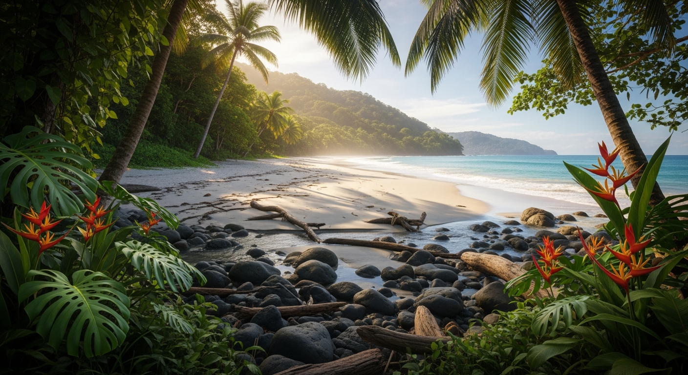 A photorealistic, high-resolution DSLR photograph capturing a pristine, secluded beach hidden along Costa Rica's untouched coastline, with crystal-clear turquoise waters gently lapping against powdery white sand bordered by lush tropical rainforest vegetation. The composition features dramatic natural lighting with golden sunlight filtering through dense palm fronds and overhanging jungle canopy, creating dappled shadows across the empty shoreline that stretches into the distance. In the foreground, detailed textures of smooth volcanic rocks and scattered driftwood are visible with sharp focus, while the background shows misty jungle-covered hills fading into atmospheric perspective. The scene includes vibrant green tropical plants with realistic leaf textures, including monstera and heliconia flowers in natural colors, framing the beach entrance where a small freshwater stream meets the ocean. Professional photography with cinematic lighting captures the serene, untouched atmosphere of this hidden paradise, with natural depth of field emphasizing the intimate, secluded nature of this secret coastal gem, shot during the golden hour with warm, lifelike tones and authentic tropical ambiance that conveys the sense of discovering an unexplored natural wonder.