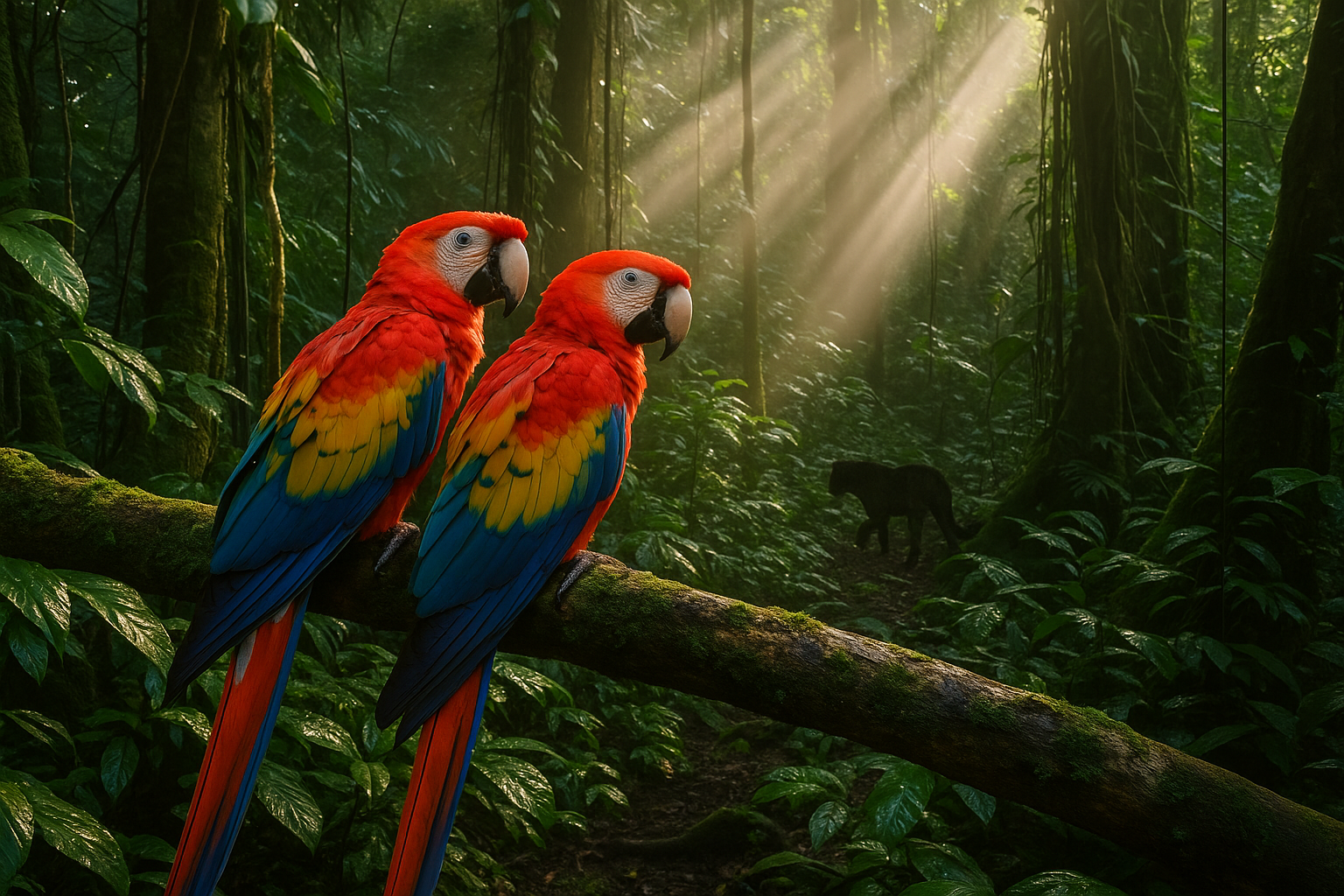 An Instagram-style photo capturing a real-life moment in the lush rainforest of Costa Rica's Osa Peninsula, with natural morning light filtering through the dense jungle canopy creating dramatic rays of sunlight. In the foreground, a pair of brilliant scarlet macaws perched on a moss-covered branch, their vibrant red, blue, and yellow plumage captured in sharp focus with detailed textures visible in their feathers, as if taken with a smartphone camera. The middle ground shows the incredibly dense tropical vegetation with massive tree trunks, hanging vines, and layers of green foliage in various shades, all photographed with authentic depth of field. In the background, barely visible through the thick jungle understory, the shadowy silhouette of a jaguar can be spotted moving between the trees, adding an element of raw wilderness to this real-world photography moment. The scene captures the authentic biodiversity of Corcovado National Park with natural colors, realistic lighting that mimics the humid atmosphere of the rainforest, and the casual composition typical of adventure travel photography shared on TikTok and Instagram. The image conveys the wild, untamed nature of this hidden gem destination with lifelike details showing water droplets on leaves, natural shadows, and the genuine texture of bark and tropical plants, all captured as an authentic everyday moment of Costa Rican wildlife photography.