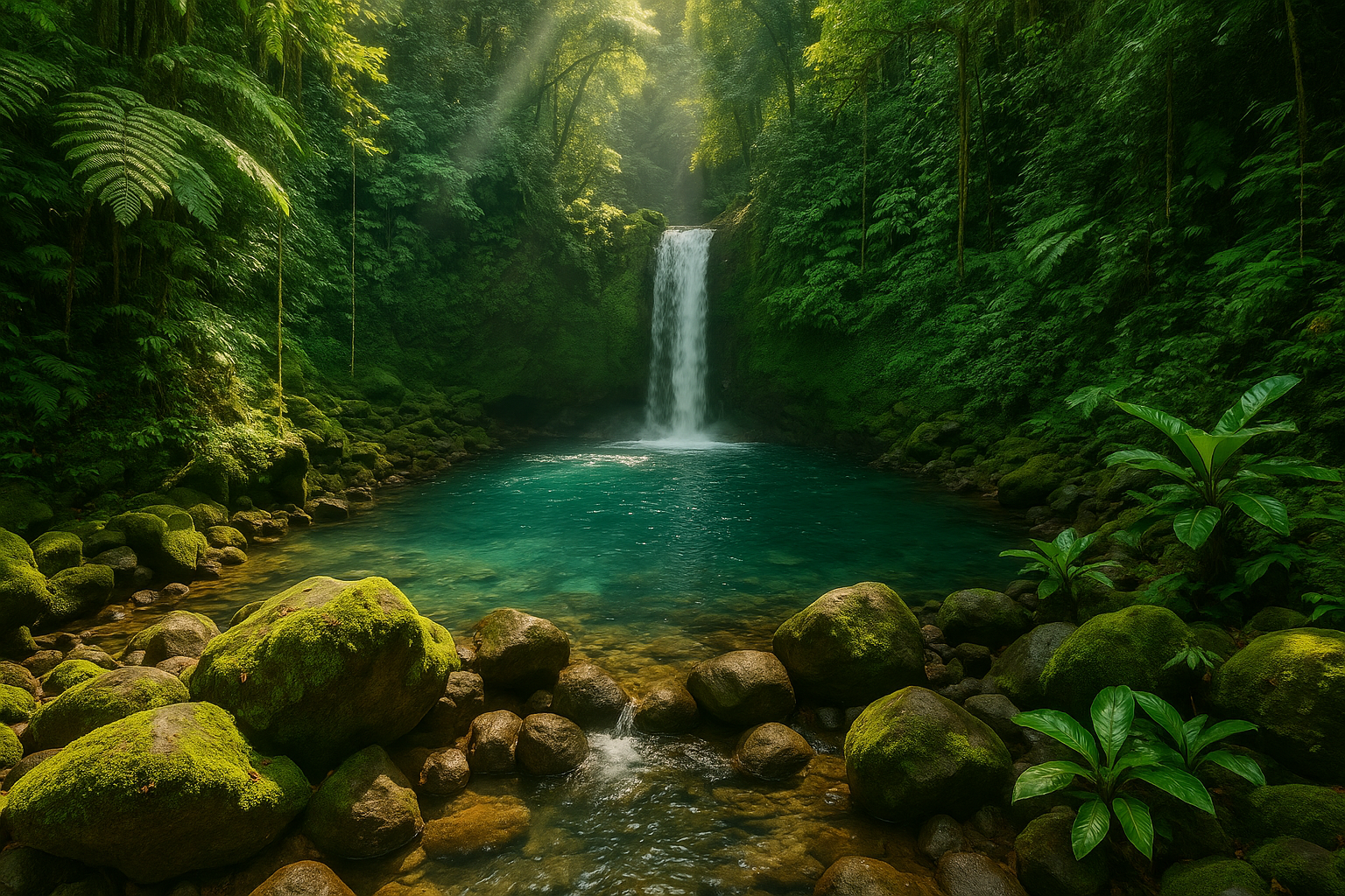 Instagram-style photo of an authentic Costa Rican hidden paradise captured in natural daylight, showing a secluded emerald-green waterfall cascading into a crystal-clear turquoise pool surrounded by dense, lush tropical rainforest vegetation with vibrant green ferns, hanging vines, and moss-covered rocks. The real-life moment features the untouched natural beauty of Costa Rica's interior wilderness, with dramatic layers of tropical foliage creating depth in the frame, sunlight filtering through the canopy creating natural god rays and dappled lighting on the water's surface. In the mid-ground, smooth volcanic rocks and boulders frame the pristine swimming hole, their surfaces glistening with moisture and covered in patches of bright green moss, while exotic tropical plants with large waxy leaves line the water's edge. The composition captures the authentic, off-the-beaten-path essence of Costa Rica's hidden landscapes, shot as if taken with a smartphone during an adventurous hike, with realistic color saturation showing the rich greens of the jungle, the deep blues and teals of the water, and the warm earth tones of the rocks. The photograph has that casual real-world photography aesthetic typical of travel content on social media, with sharp focus on the foreground elements and a slight natural blur in the distant canopy, natural lighting creating authentic shadows and highlights, detailed textures visible on every leaf, rock surface, and water droplet, conveying the sense of discovering a secret tropical oasis that few tourists know about, the kind of breathtaking natural scene that would make viewers stop scrolling through their TikTok or Instagram feed.
