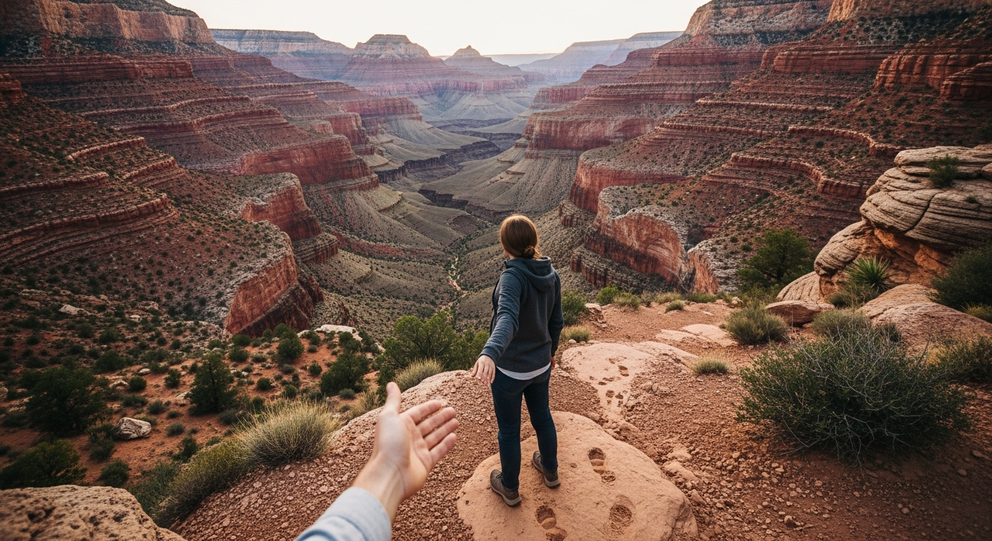 A solitary traveler stands at the edge of an ancient sandstone canyon in Jordan's remote desert wilderness, their silhouette framed against towering rose-colored rock formations carved by millennia of wind and water. The golden hour sunlight bathes the narrow gorge in warm amber tones, casting dramatic shadows across the striated cliff faces. Wild desert vegetation clings to crevices in the weathered stone walls, while the traveler reaches out to touch the smooth, sun-warmed rock surface. The composition captures an intimate moment of human connection with the untouched landscape, shot from behind to emphasize the scale and majesty of the hidden geological wonder. Footprints in fine sand lead into the frame, suggesting this secluded location is far from typical tourist routes. The natural lighting creates a painterly quality, with layers of sedimentary rock revealing shades of terracotta, peach, and dusty pink, authentic to Jordan's lesser-visited wadis and canyons.