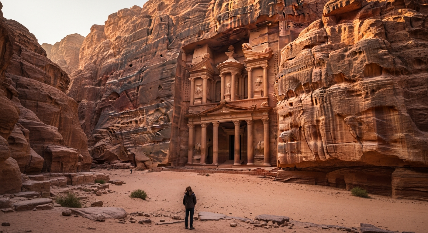 A solitary traveler stands at the edge of ancient Petra's rose-red sandstone cliffs during golden hour, their silhouette small against the towering carved facades, with warm amber sunlight casting long dramatic shadows across the weathered rock formations. The scene captures complete isolation with no other people visible, just endless desert landscape stretching into the hazy distance, while wind-blown sand creates a dreamy atmosphere around the millennia-old archaeological structures. The photographer shoots from behind the subject, emphasizing the overwhelming scale of the historical site and the profound sense of stepping back centuries in time, with natural desert vegetation scattered sparsely across the foreground and the famous Treasury building partially visible through a narrow canyon opening, all bathed in the soft peachy glow of late afternoon Middle Eastern sunlight.