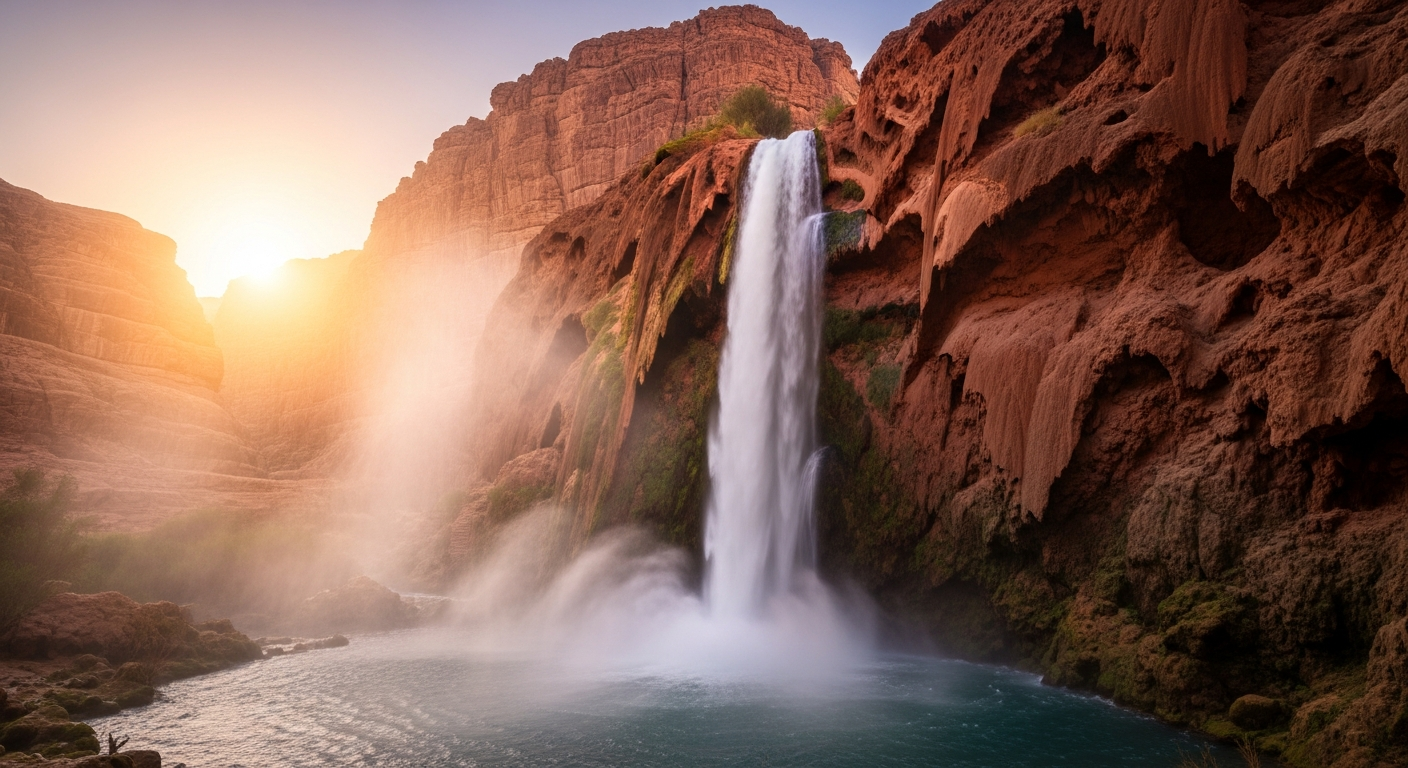 A breathtaking wide-angle shot of a majestic waterfall cascading down rust-colored canyon walls in Jordan's dramatic desert landscape, with thick clouds of natural steam and mist rising from where the water crashes into the pool below, creating an ethereal atmospheric effect. The golden hour sunlight filters through the vapor, casting warm amber and pink tones across the scene. Desert vegetation clings to the rocky cliff faces, while the swirling mist creates layers of depth and mystery. Shot from a mid-distance perspective showing both the powerful water flow and the surrounding ancient geological formations, with the steam creating a dreamy, almost supernatural quality as it drifts upward against the deep blue desert sky. The composition captures the raw natural beauty and hidden wonder of this lesser-known Jordanian treasure, photographed in authentic travel photography style with natural lighting and realistic color grading.