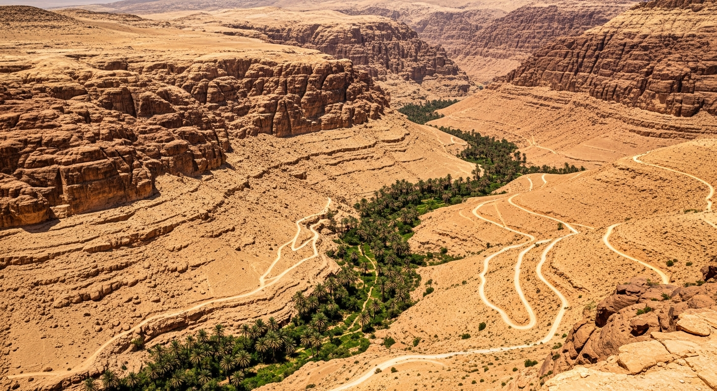 A breathtaking aerial perspective capturing Jordan's dramatic desert landscape transitioning through multiple elevations, where golden sandstone cliffs and rust-colored rock formations cascade down into a lush green valley below. The scene shows the stark contrast between the arid highland plateau with its wind-carved canyons and the surprisingly verdant lowlands dotted with palm trees and vegetation. Natural afternoon sunlight creates deep shadows in the canyon walls while illuminating the varied terrain textures. Shot from a high vantage point looking down the descent, showing winding paths cutting through the layered geological formations. The composition emphasizes the dramatic elevation change with the rusty orange and beige upper desert giving way to patches of green oasis vegetation in the lower reaches. Authentic travel photography style with rich, warm tones and the kind of stunning natural vista that makes travelers stop and capture the moment on their phones.