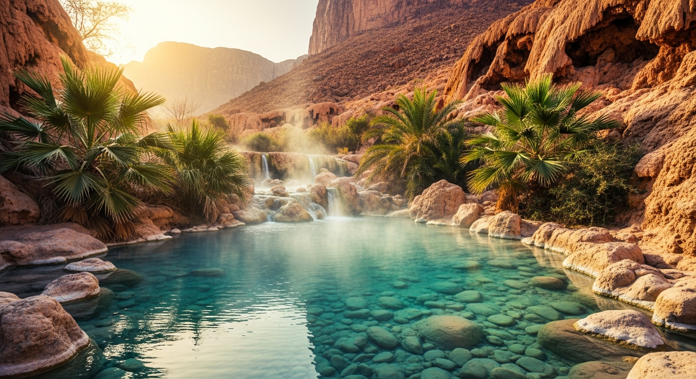 A serene natural hot spring pool nestled among golden desert rocks and rugged canyon walls, with steam rising gracefully from the turquoise mineral-rich water surface. Lush green palm fronds and desert vegetation frame the edges of the thermal pool, creating a striking contrast against the warm beige and terracotta-colored stone formations. The scene is captured during golden hour with soft, diffused natural sunlight filtering through the rocky terrain, casting gentle shadows across the rippling water. Small waterfalls cascade down the weathered rock face in the background, creating a misty atmosphere. The composition shows the inviting thermal pool in the foreground with smooth stones visible beneath the crystal-clear water, while dramatic desert cliffs rise majestically in the background under a hazy Middle Eastern sky. The photography style is authentic and naturalistic, shot with a wide-angle perspective that captures both the intimate pool setting and the expansive desert landscape, with rich warm tones and slightly desaturated colors typical of travel photography.