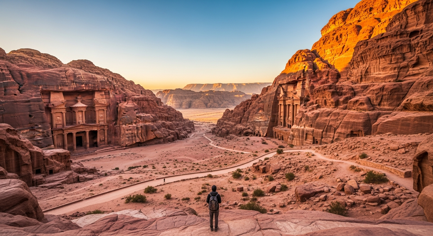 A solitary hiker with a backpack stands on a dramatic desert trail overlooking the ancient rose-red rock formations of Petra, Jordan, captured during golden hour with warm sunlight illuminating the sandstone cliffs and valleys below. The winding path cuts through rugged terrain with scattered desert vegetation, while the vast Jordanian landscape stretches into the distance under a clear azure sky. The composition shows the small human figure against the massive scale of the untouched wilderness, emphasizing the serene isolation and breathtaking panoramic views of carved canyon walls and distant mountains. Shot with natural lighting creating long shadows across the sandy path, with rich terracotta and amber tones dominating the scene, perfectly capturing the authentic adventure travel aesthetic for social media.