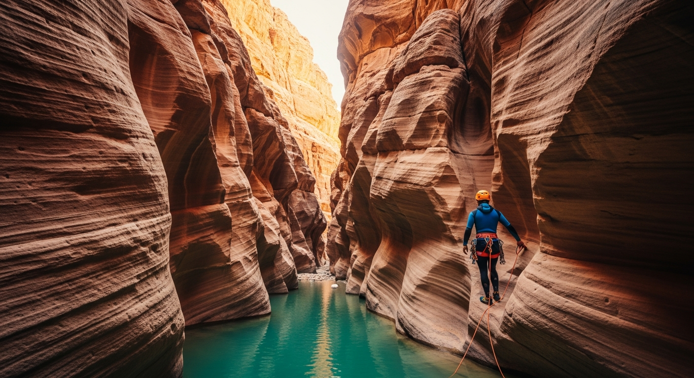A breathtaking adventure photography shot captured inside a dramatic narrow sandstone canyon in Jordan, where a solo hiker in outdoor gear navigates through a stunning gorge with towering rust-colored rock walls rising hundreds of feet on both sides. The natural lighting filters down from above, creating dramatic shadows and highlighting the layered sedimentary patterns in the ancient stone. Crystal-clear turquoise water pools at the bottom of the canyon, reflecting the warm amber and terracotta hues of the surrounding cliffs. The adventurer, wearing a wetsuit and climbing harness with rope equipment visible, is mid-motion traversing through the narrow passage where the walls are so close they could touch both sides. The scene showcases the raw beauty of the Jordanian desert landscape with smooth water-carved rock formations, natural light beams piercing through the slot canyon opening above, and the sense of scale emphasized by the tiny human figure against the massive geological formations. Shot with natural daylight creating a golden hour glow on the upper canyon walls while cooler blue tones dominate the shaded lower sections.