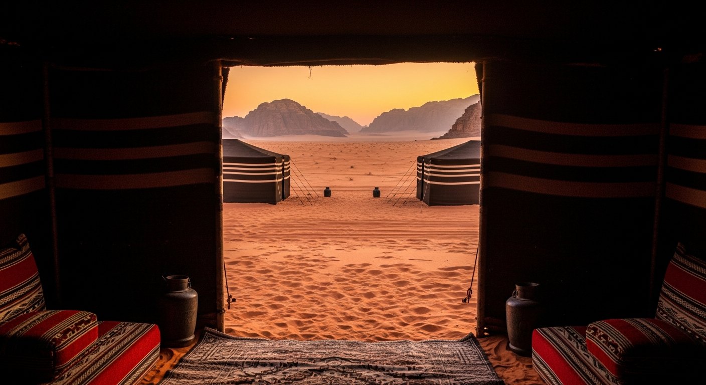 A golden hour photograph capturing traditional black goat-hair Bedouin tents pitched on rippling amber sand dunes in the Wadi Rum desert of Jordan, with the first rays of sunrise casting long purple shadows across the textured sand, creating dramatic patterns and depth. In the foreground, the weathered fabric of an open tent entrance frames the view, its dark woven texture contrasting against the glowing orange and pink sky. The vast desert landscape stretches endlessly, with layered dunes creating natural curves and lines, while the soft morning light illuminates particles of sand in the air, creating an ethereal atmospheric haze. A few traditional cushions and woven rugs are visible just inside the tent opening, suggesting an authentic camping experience, with the untouched pristine desert extending to distant rocky mountains silhouetted against the pastel dawn sky.