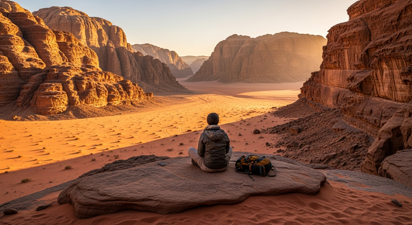 A serene outdoor scene in Jordan's dramatic desert landscape at golden hour, showing a solitary traveler sitting cross-legged on smooth sandstone rocks, their phone and camera resting beside them untouched, gazing out at the vast rust-colored canyon walls of Wadi Rum stretching into the distance. The person wears earth-toned hiking clothes and appears peaceful and contemplative, surrounded by the raw natural beauty of towering rock formations and endless desert terrain. Warm amber sunlight bathes the ancient geological formations, creating long shadows across the rippled sand dunes below. A small backpack sits nearby, and the composition emphasizes the overwhelming scale of nature compared to the human figure, capturing the essence of digital detox and wilderness immersion with authentic travel photography aesthetics, shallow depth of field, and natural color grading.