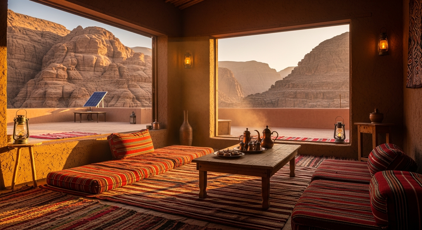 A rustic candlelit adobe-style lodge interior at dusk in the Jordanian desert, warm golden light from traditional oil lamps casting soft shadows across handwoven Bedouin rugs and floor cushions, large open windows framing the dramatic rocky canyon landscape of Wadi Feynan, a simple wooden table set with traditional copper tea service, earthen walls with natural clay texture, solar panels visible on the rooftop terrace outside, the last rays of sunset illuminating distant copper-colored mountains, authentic sustainable architecture blending seamlessly with the surrounding arid wilderness, atmospheric dust particles floating in the warm interior light, traditional Middle Eastern textiles draped over low seating areas, the serene minimalist aesthetic of off-grid desert accommodation