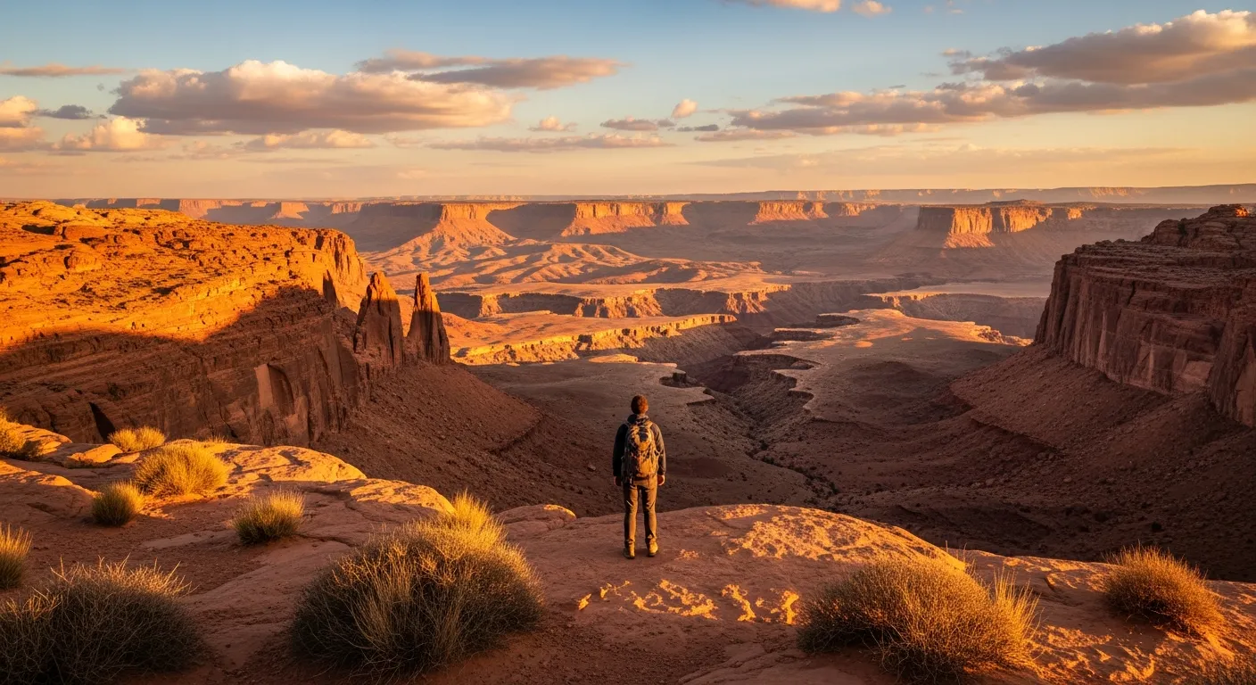 A breathtaking wide-angle shot of a lone hiker with a backpack standing on a dramatic red sandstone ridge in the Jordanian desert, photographed during golden hour with warm amber light illuminating the vast canyon landscape below. The adventurer is captured from behind, gazing out at endless layers of rose-colored rock formations and winding desert valleys stretching to the distant horizon. The rugged terrain features natural rock arches, deep gorges, and pristine wilderness untouched by development. Desert vegetation dots the foreground, while wispy clouds catch the sunset glow in the expansive sky above. The composition emphasizes the raw, untamed beauty of Jordan's protected wilderness areas, with dramatic shadows accentuating the geological formations. Shot with natural lighting that creates a warm, inspiring atmosphere perfect for adventure travel content on social media.