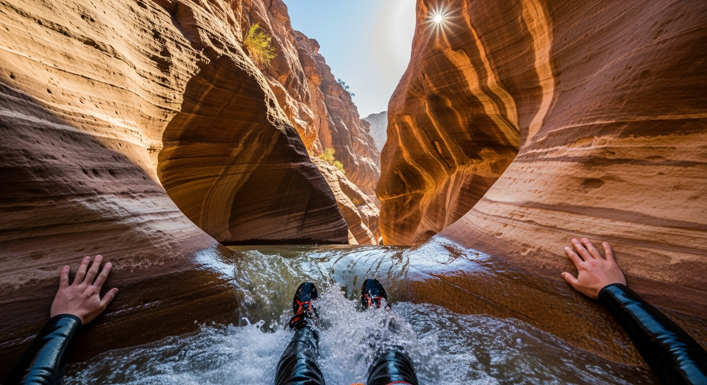 A thrilling point-of-view shot captured mid-descent through a smooth sandstone canyon in Jordan's desert wilderness, where a person slides down a natural water-polished rock chute carved through rust-colored stone. Crystal clear water rushes around them as they navigate the curved geological formation, their hands braced against the wet, glossy canyon walls. The afternoon sun filters down from above, creating dramatic light beams that illuminate the flowing water and highlight the swirling patterns in the ancient rock. The canyon walls tower on either sides, showing layers of orange, amber, and cream-colored sedimentary rock smoothed by centuries of water flow. Splashes of water catch the sunlight like diamonds, while the person's wet hair and sun-kissed skin glisten with droplets. The natural rock slide curves ahead into shadow, suggesting more adventure to come, while desert vegetation clings to the canyon rim far above against a brilliant blue sky.