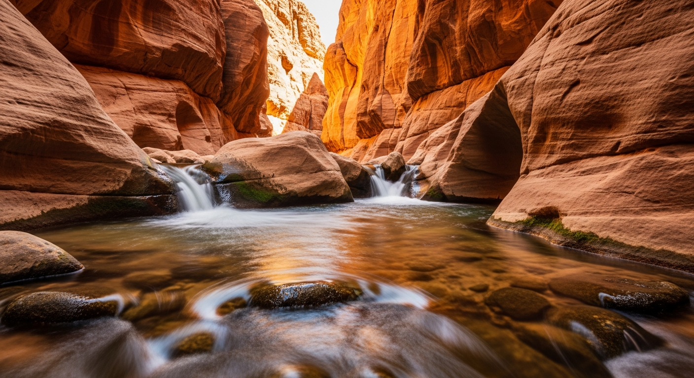 A breathtaking ground-level perspective inside a narrow sandstone canyon in Jordan's desert wilderness, where crystal-clear water flows through the bottom creating rippling reflections on the towering rust-orange and amber canyon walls that rise dramatically on both sides. Natural sunlight filters down from above, casting dynamic shadows and highlighting the layered geological striations in the smooth, water-carved rock faces. Small cascades of water tumble over smooth boulders, creating white foam and mist that catches the golden desert light. The wet canyon floor reflects the warm terracotta hues of the ancient stone, while patches of green moss cling to the lower walls near the waterline. Shot with shallow depth of field on a smartphone camera, capturing the intimate scale and raw natural beauty of this protected desert oasis, with the organic textures of weathered sandstone and flowing water dominating the frame in warm afternoon lighting.